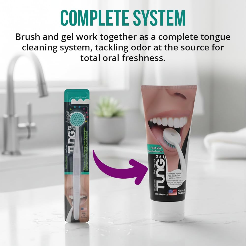 Peak Essentials Tung Tongue Cleaning Kit with brush and gel for fresh breath, USA made personal care appliance.