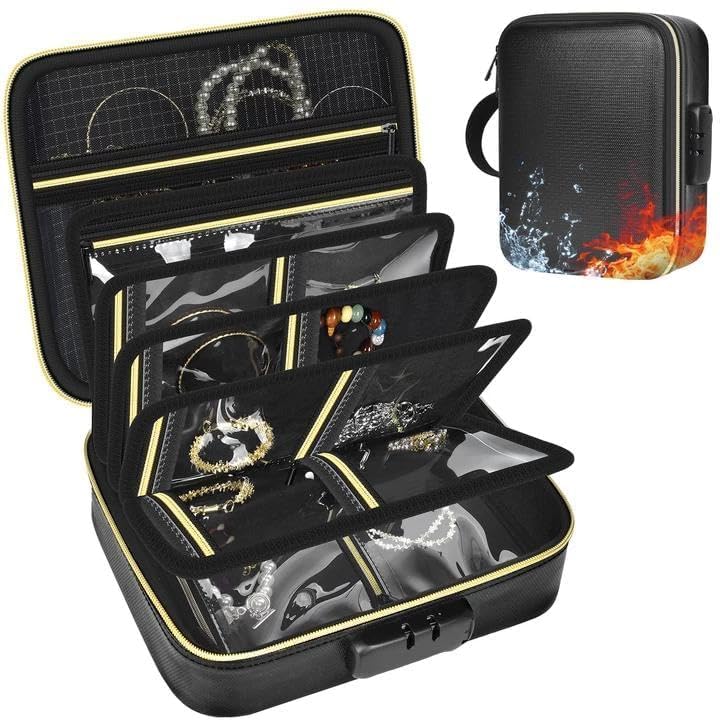 Zynqur Fireproof Travel Jewelry Organizer Case with Lock & 6 Binder Pages – Dark Blue, fireproof, waterproof