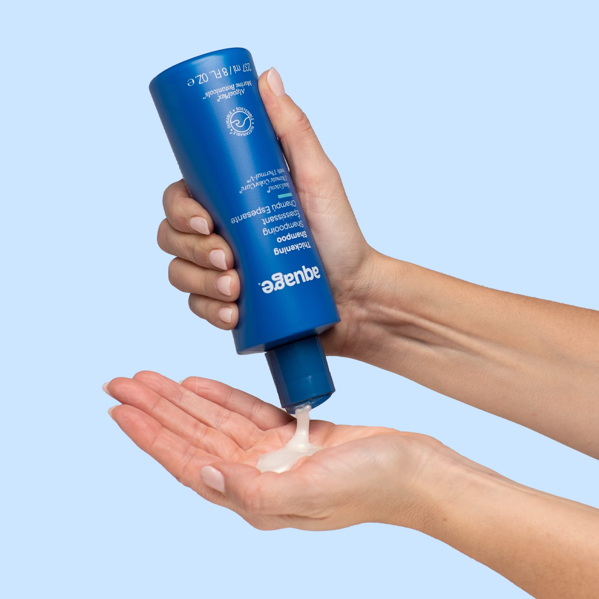 Aquage Thickening Shampoo for fine, color-safe hair in 8 oz bottle, showcasing the shampoo bottle with label and product details.