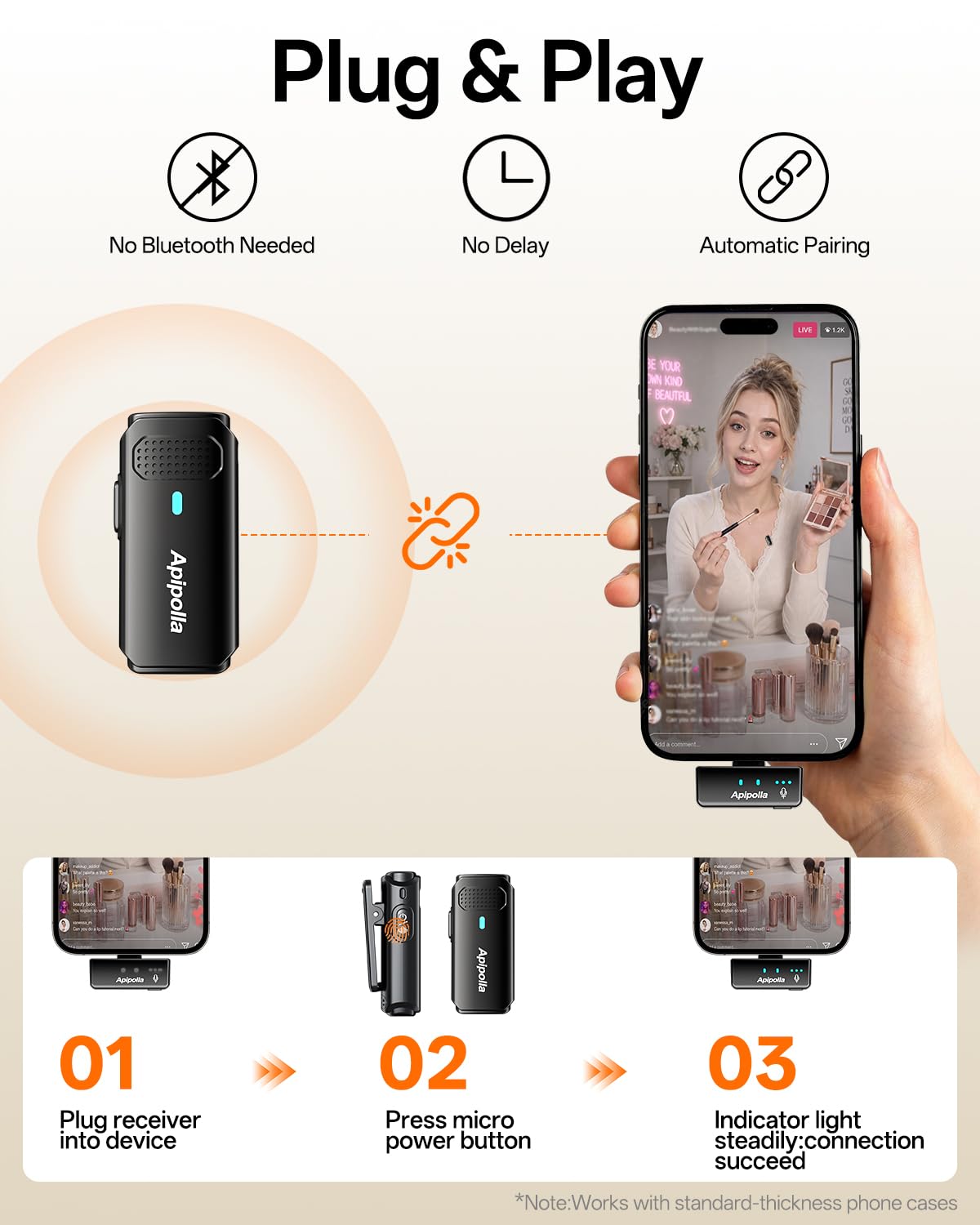 Apipolla Wireless Mini Lavalier Microphone for iPhone Android,Plug&Play Magenet Mics – alternate angle
