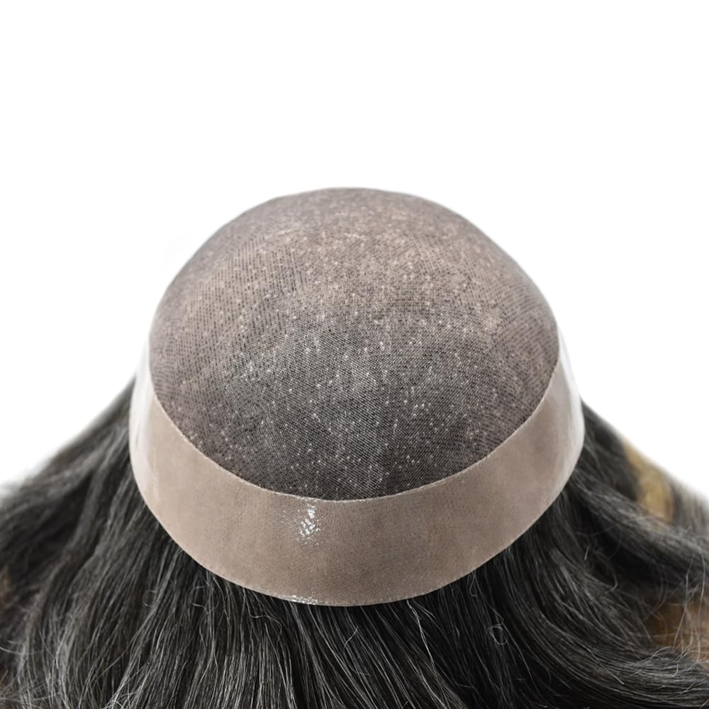 Curve Hair men's toupee wig with human hair, off black and gray, 8x10 inches, monofilament base, durable poly coating.