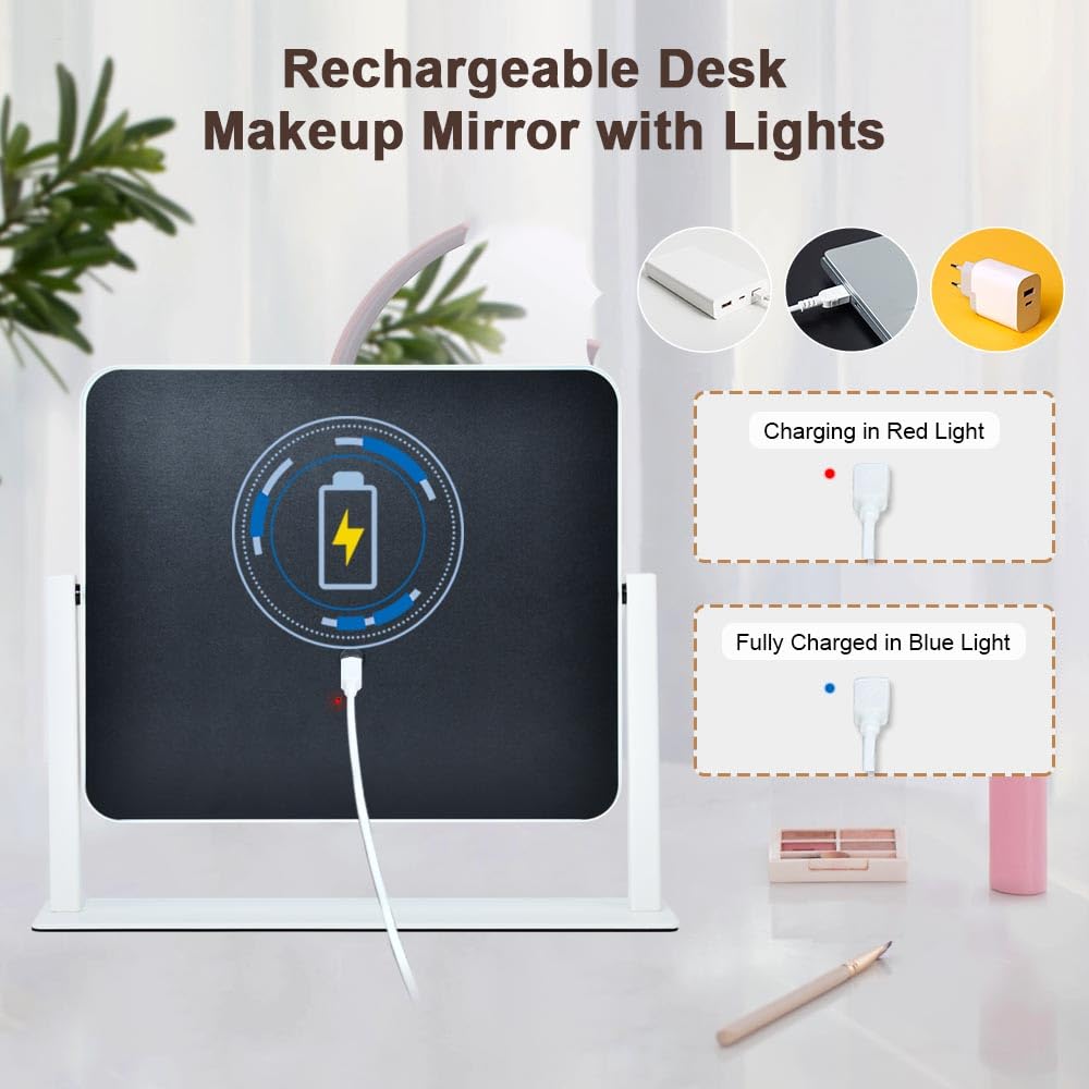 YEKKOPT Rechargeable Vanity Mirror with Lights, 12"×14" LED Makeup Mirror, Smart Touch Control, 3 Color Lighting