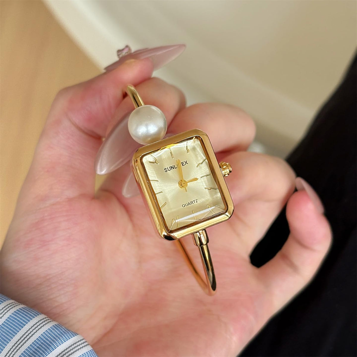 Gosasa Pearl Bangle Watch for Women, Gold Bracelet Watch with Square Easy Read Dial, Dainty Elegant Cuff Watch for Women