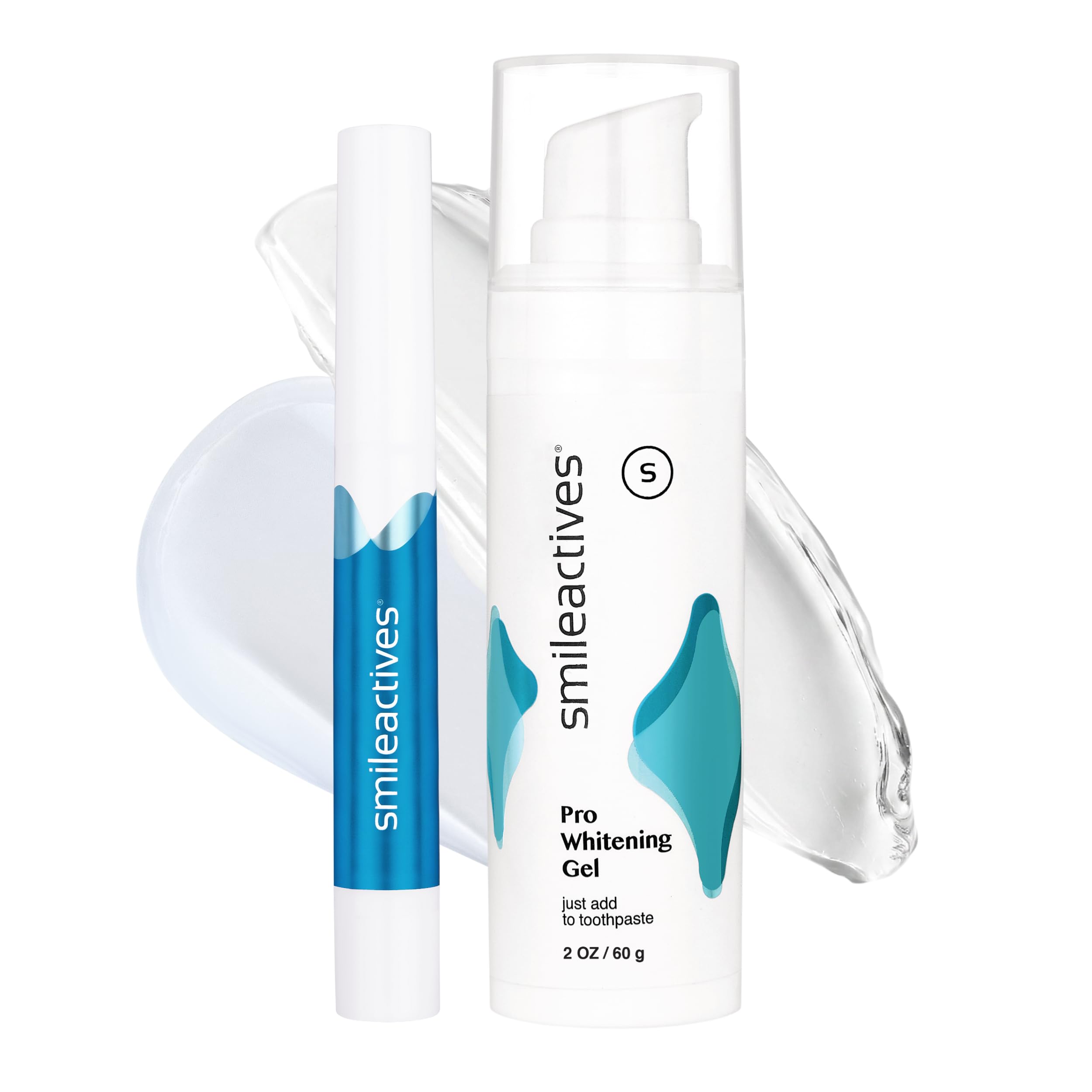 Smileactives teeth whitening kit with 60-day treatment plan, featuring whitening gel and applicator for a brighter smile.