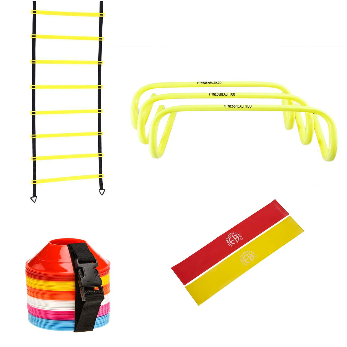 Fitness Health Gym Workout Equipment Sets for Exercise - Includes 1x4 Meter Agility Ladder, 60 Agility Multicolor Cones,