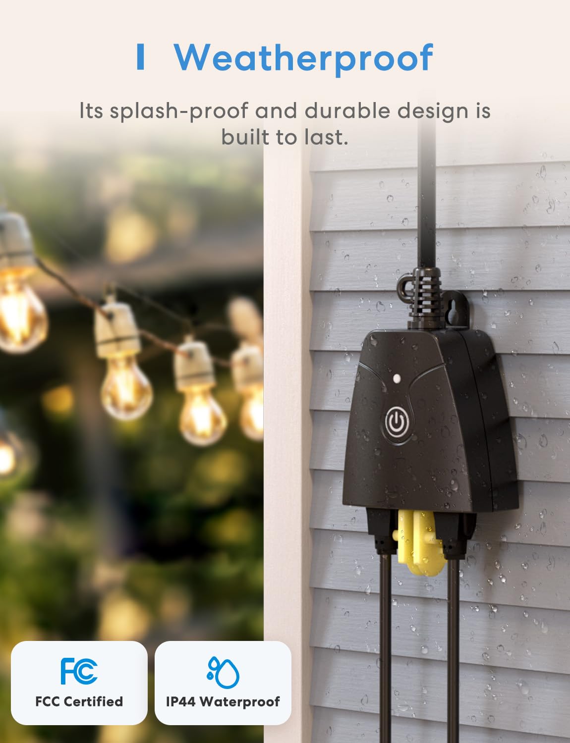 meross Outdoor Smart Plug Work with HomeKit, Alexa, Google and SmartThings – back view and specifications