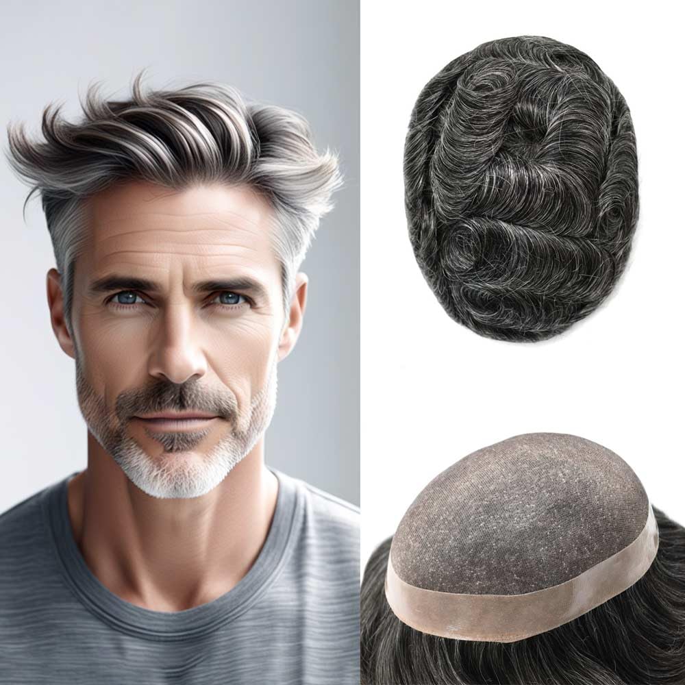 Curve Hair men's toupee wig made of human hair in #1B40 off black and gray, 8x10 inches, monofilament hair replacement system.