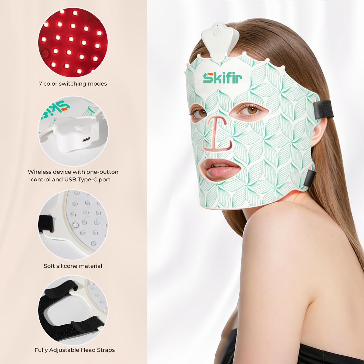 skifir Wireless Photoelectric Beauty Red Light Mask Sustainable, Rechargeable and Ergonomic Design for Home & Travel – b