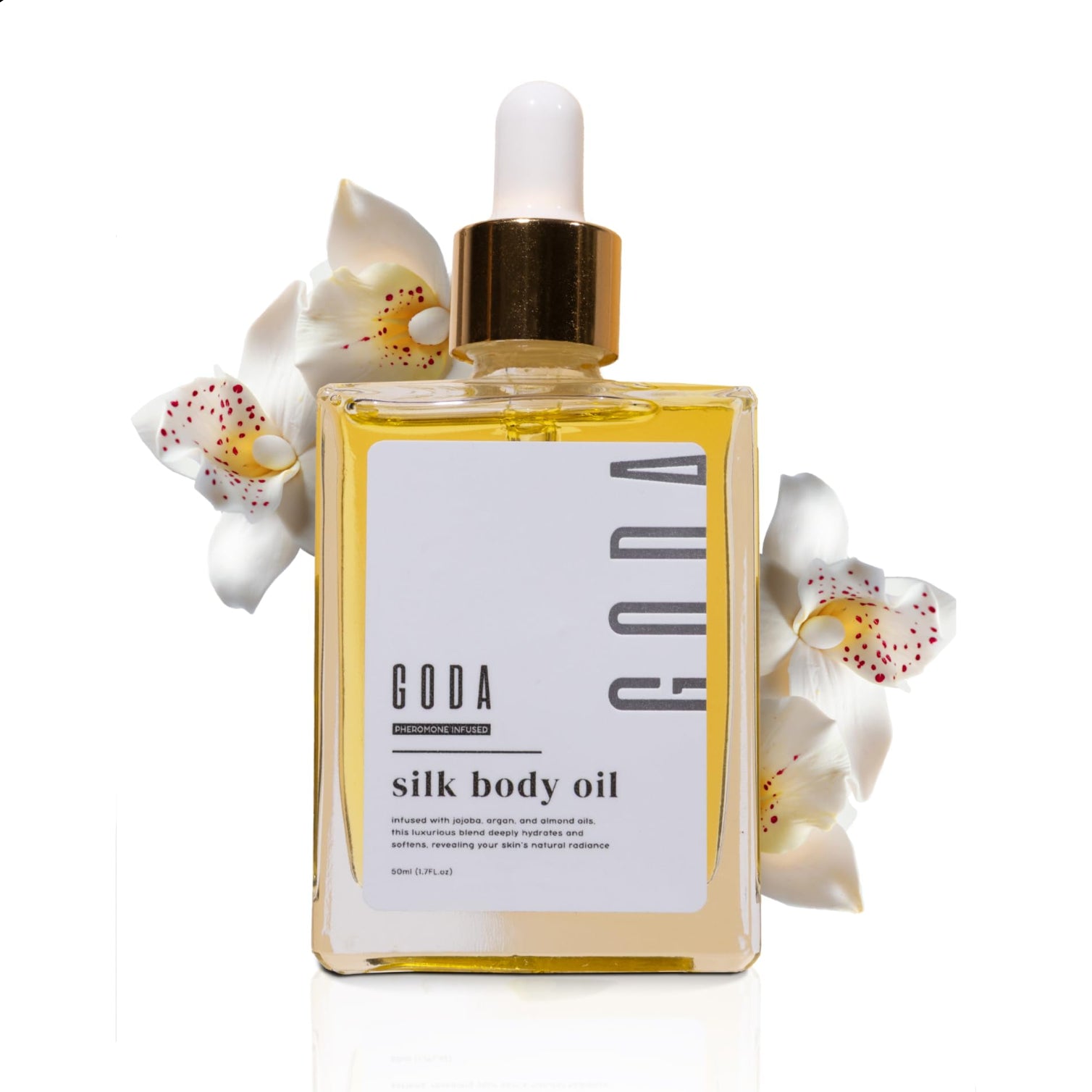 GODA Silk Body Oil in 4oz bottle, a firming anti-aging moisturizer for women, shown in a sleek, elegant container.