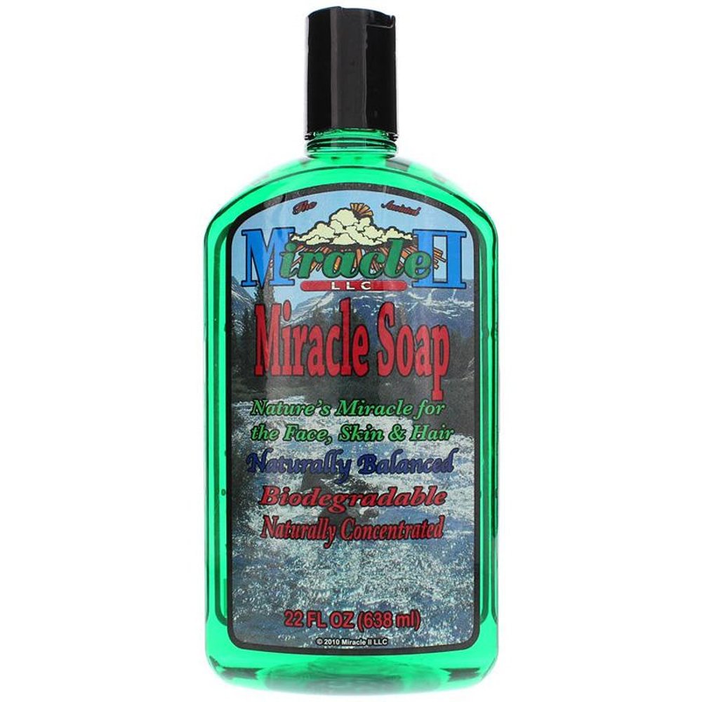 Miracle II Regular Soap 22 oz bottle, a skin cleaning agent from Miracle II featuring a white pump dispenser and label.