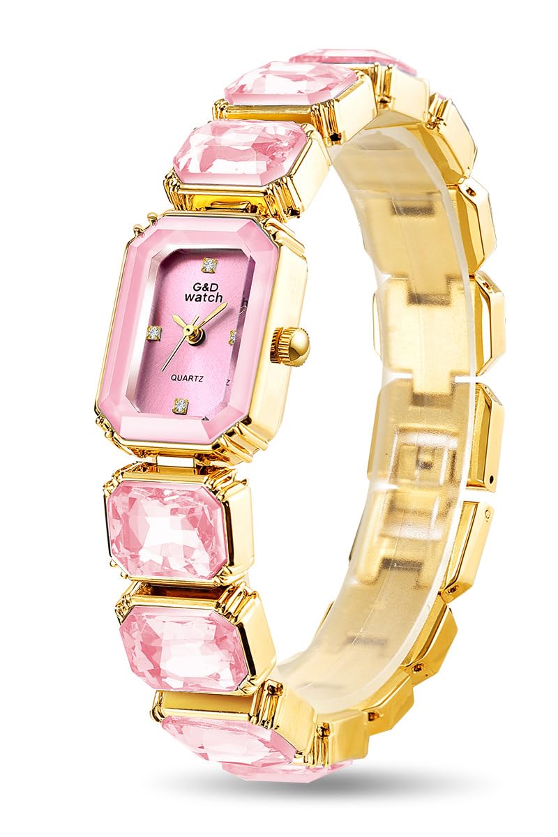 FANMIS Women’s Luxury Crystal Bangle Watch-Gemstone Bracelet Design Wristwatch Diamond Gold Plated Rectangle Watches,Fas