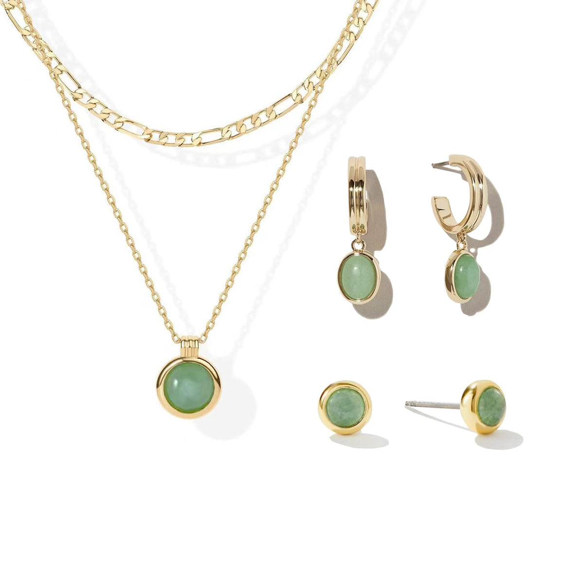 DISTANT DRUMS Simple Natural Green Aventurine Stone Jewelry Set for Women,Hoop Earrings,Bracelet,Necklace,18K Gold-plate