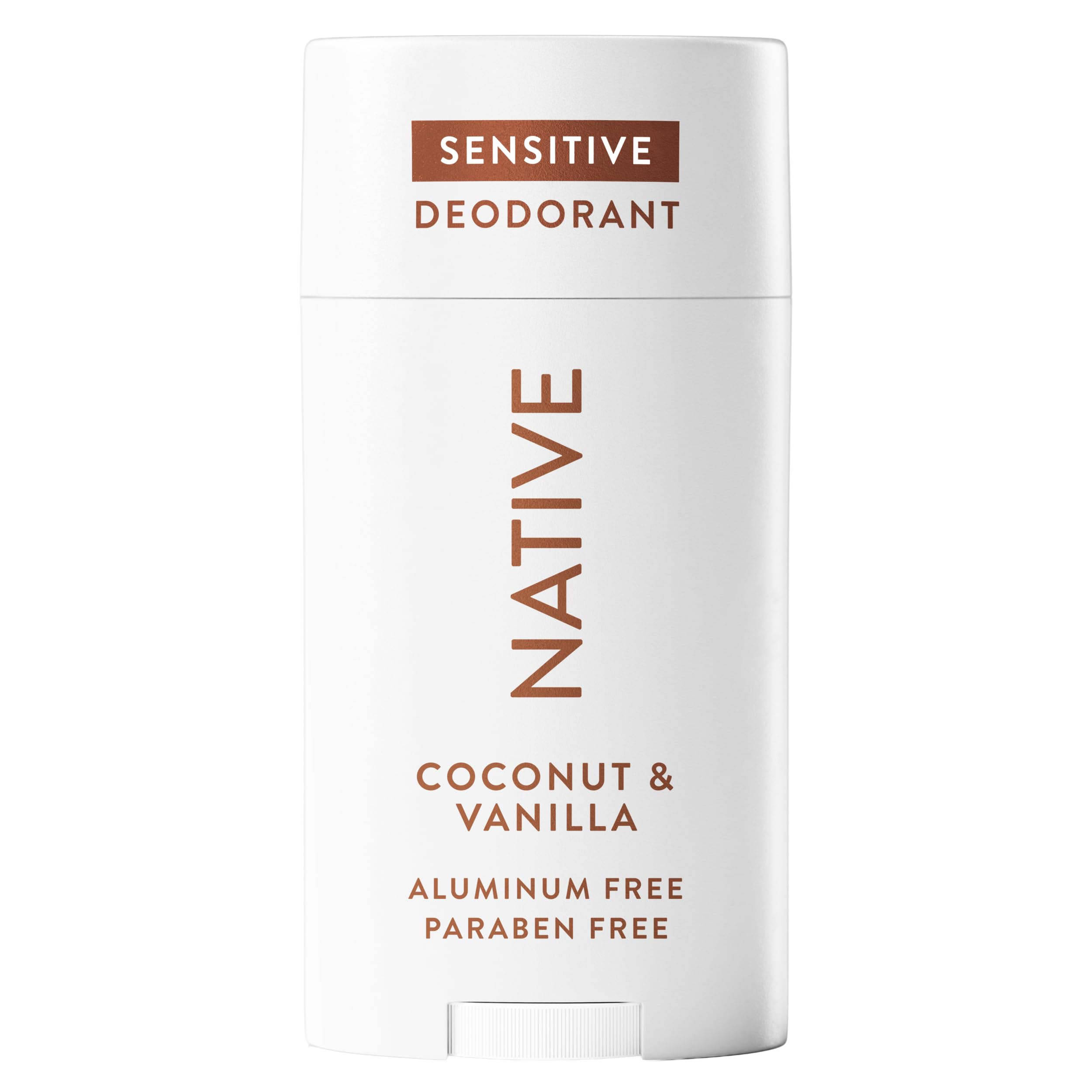 Native Sensitive deodorant for women and men with coconut oil and vanilla, aluminum-free, 72-hour odor control, natural ingredients.