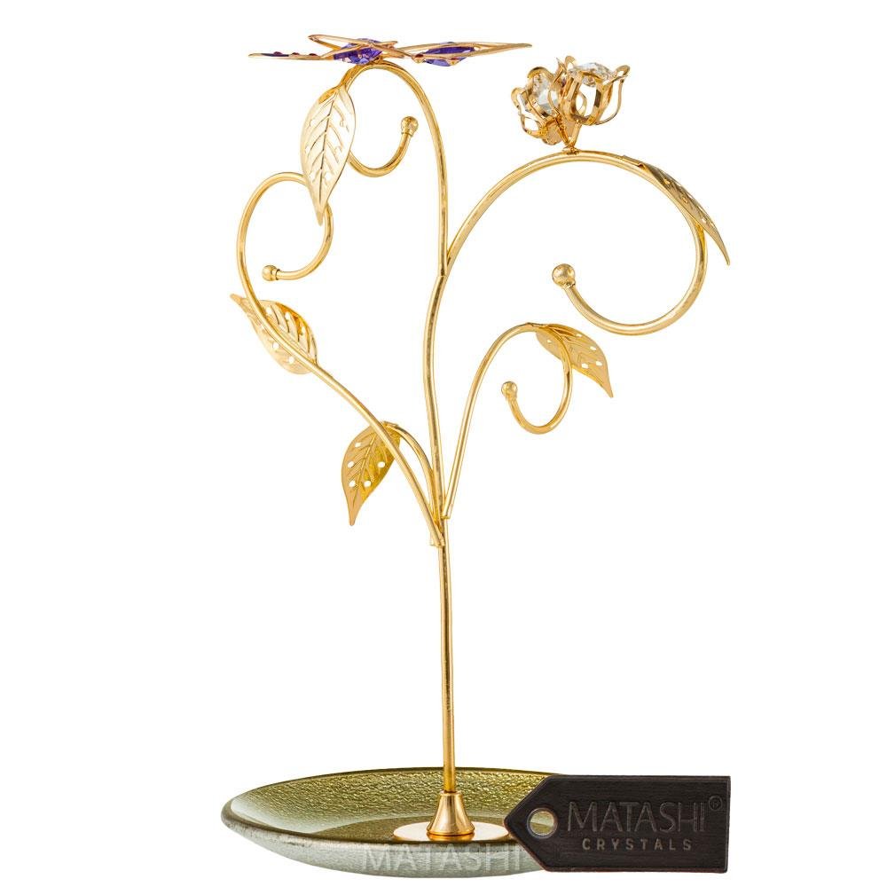 Matashi Elegant Floral and Butterfly Display Design – 24K Gold Plated Hanging Jewelry Stand – Stunning Home Decor Gift f