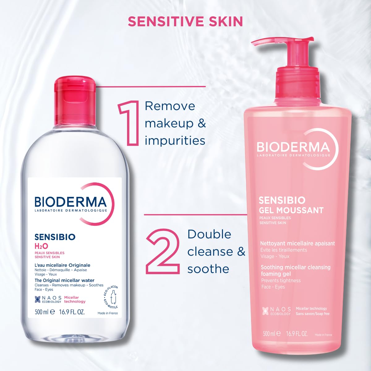 Bioderma Sensibio H2O Micellar Water makeup remover and cleanser for sensitive skin in a clear bottle with a blue cap.