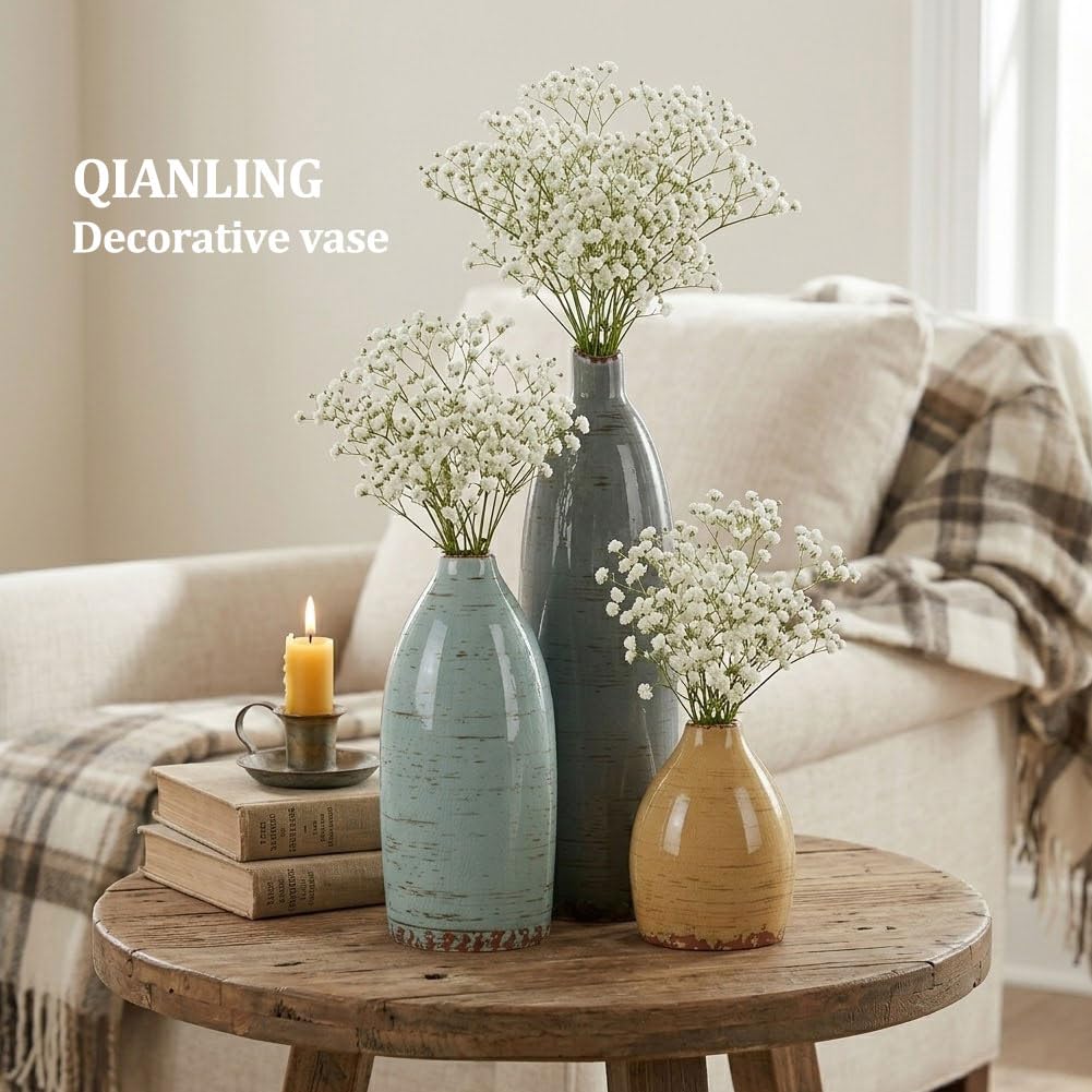 QIANLING Vintage Ceramic Vase Set of 3, Farmhouse Decor, Home Decorative Vase, Vases for Your Kitchen, Bedroom, Living R