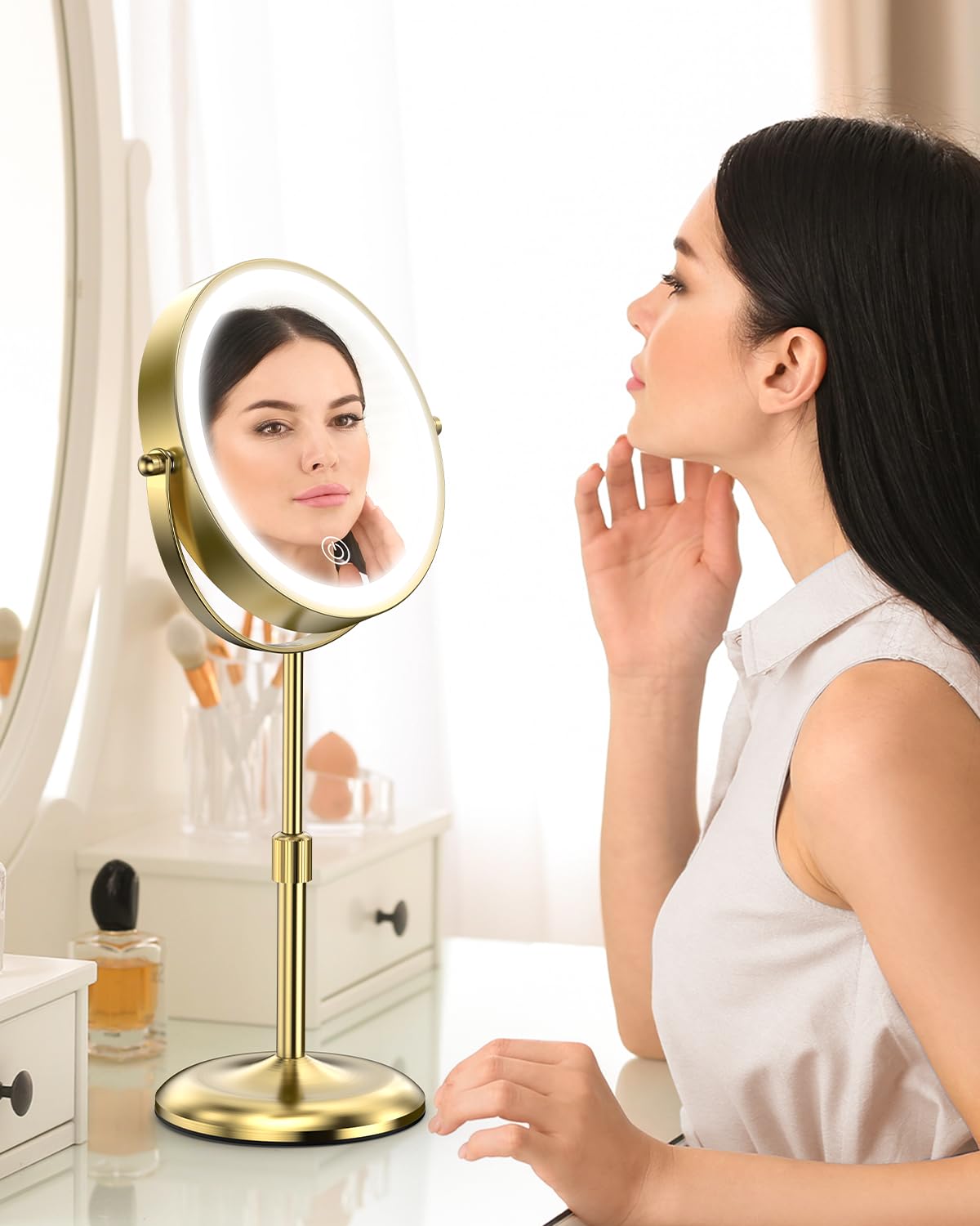 Benbilry 7" Lighted Makeup Mirror with 3 Color Lights & 10X Magnification, Adjustable Brightness & Height, 360° Swiv