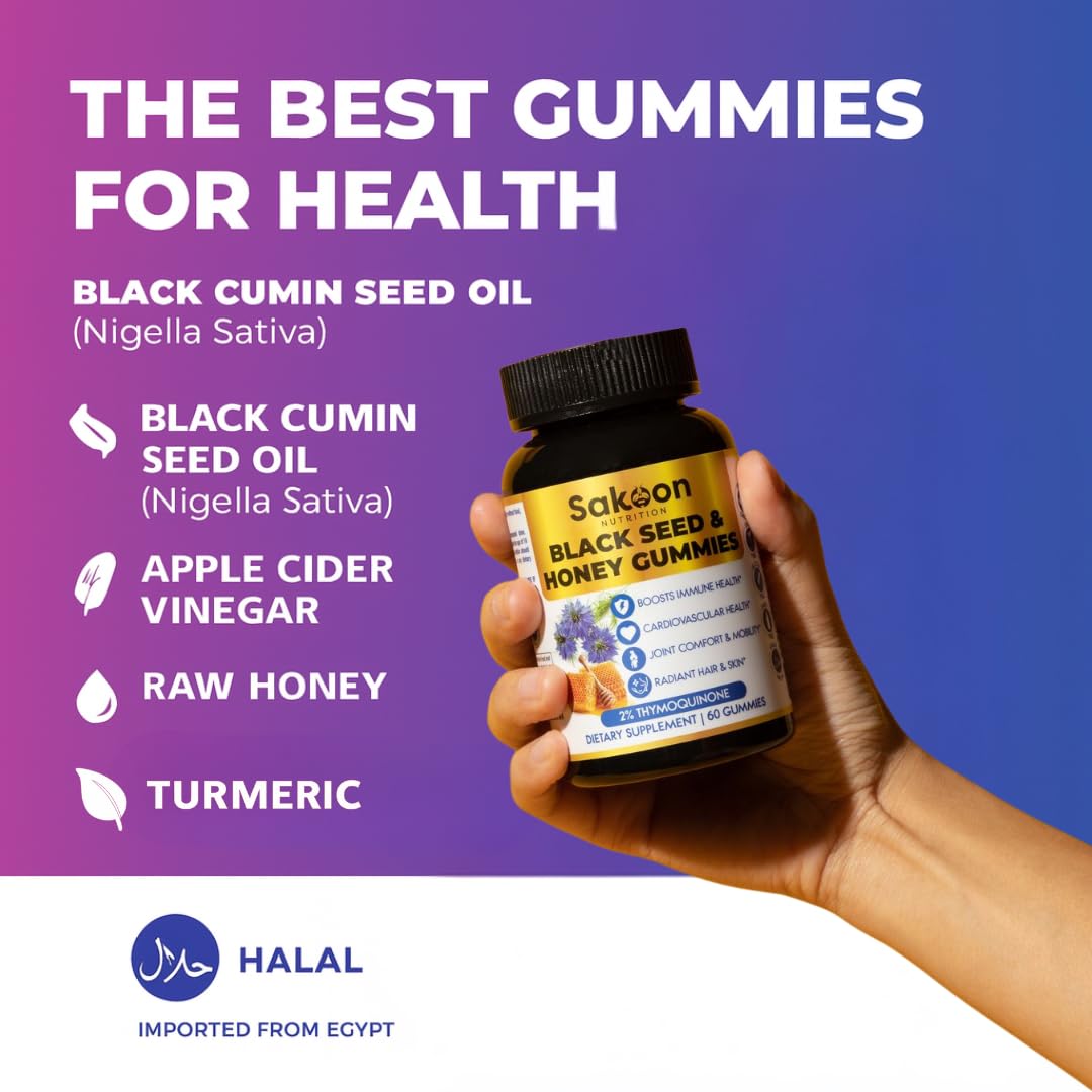 Sakoon Nutrition Black Seed Oil Gummies with Honey – Black Cumin Seed Oil (Nigella Sativa) with 2%+ Thymoquinone – Immune, Joint, Digestion, Hair & Skin Support – 60 Halal Gummies