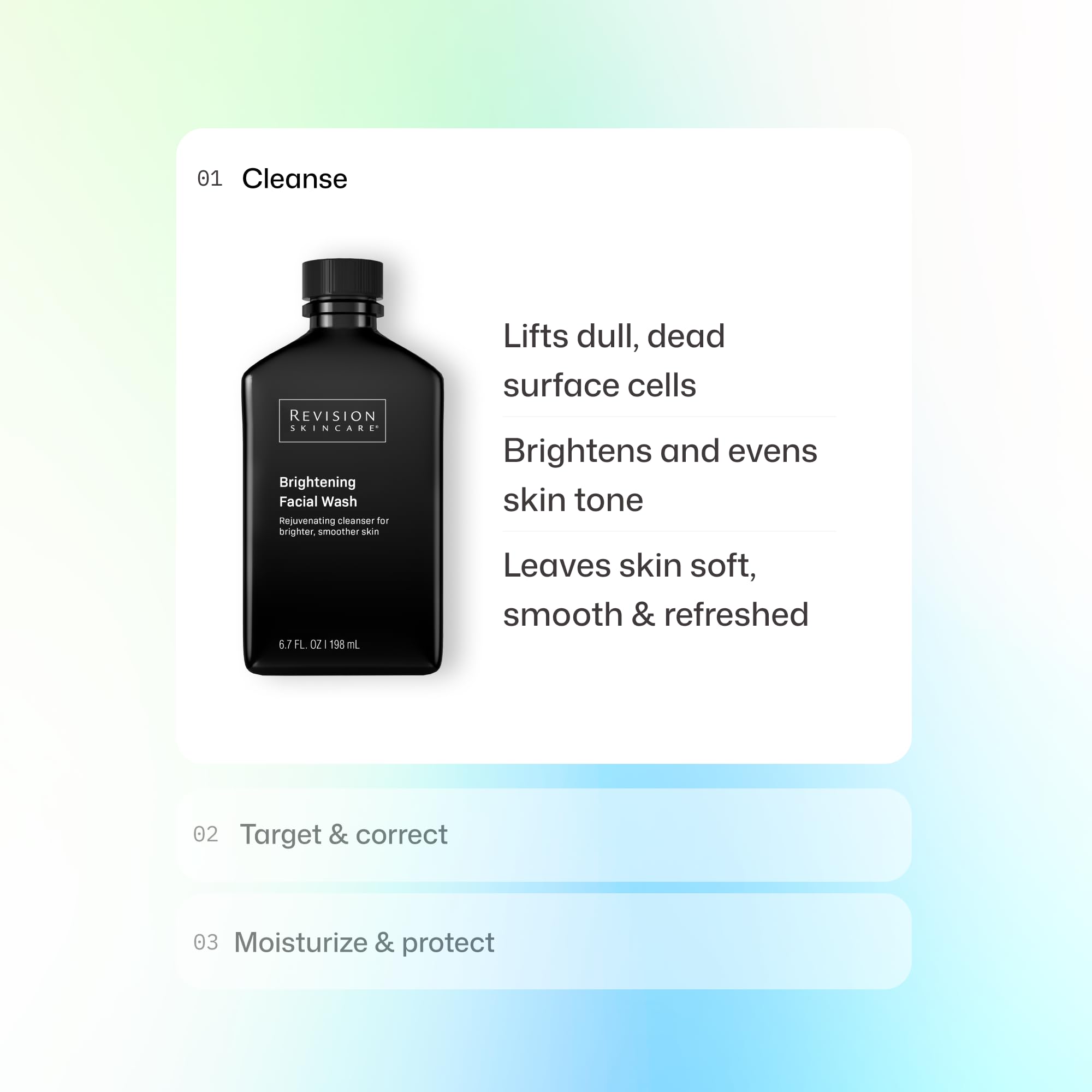 Revision Skincare Brightening Face Wash with AHA and BHA exfoliants, showing a clear bottle of skincare cleanser.