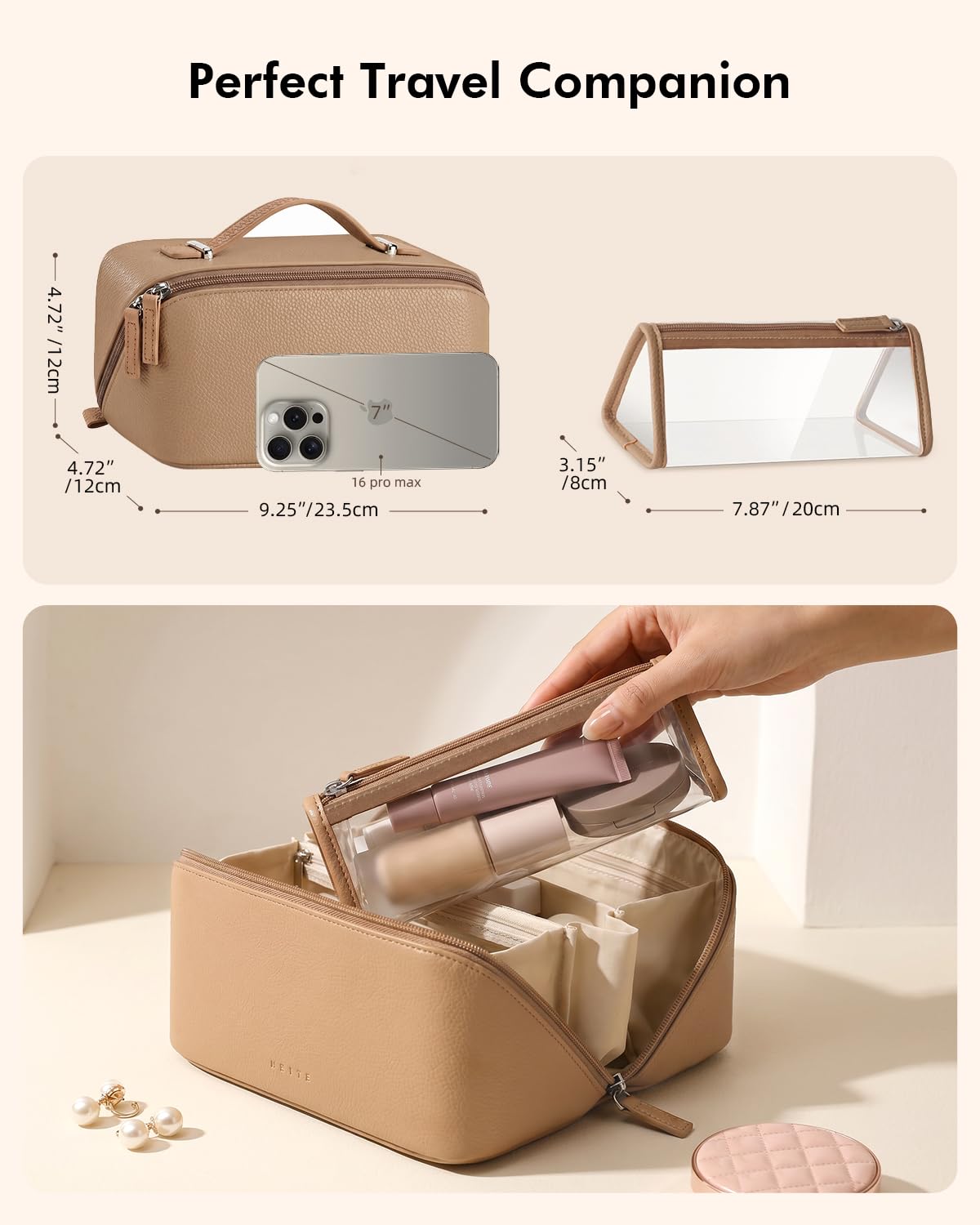 Prite 3 Pcs Makeup Bag Set Travel Toiletry Bag Cosmetic Organizer for Women – packaging and label