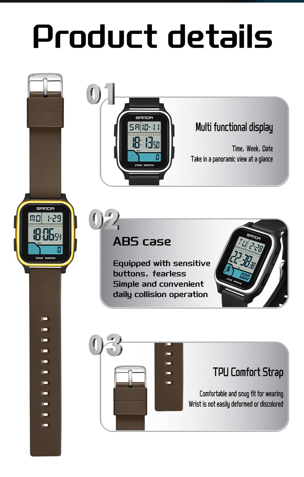 Lorciix Digital Sports Watch for Men Women, 5ATM Waterproof with Pedometer, Stopwatch, Alarm, LED Backlight for Running 