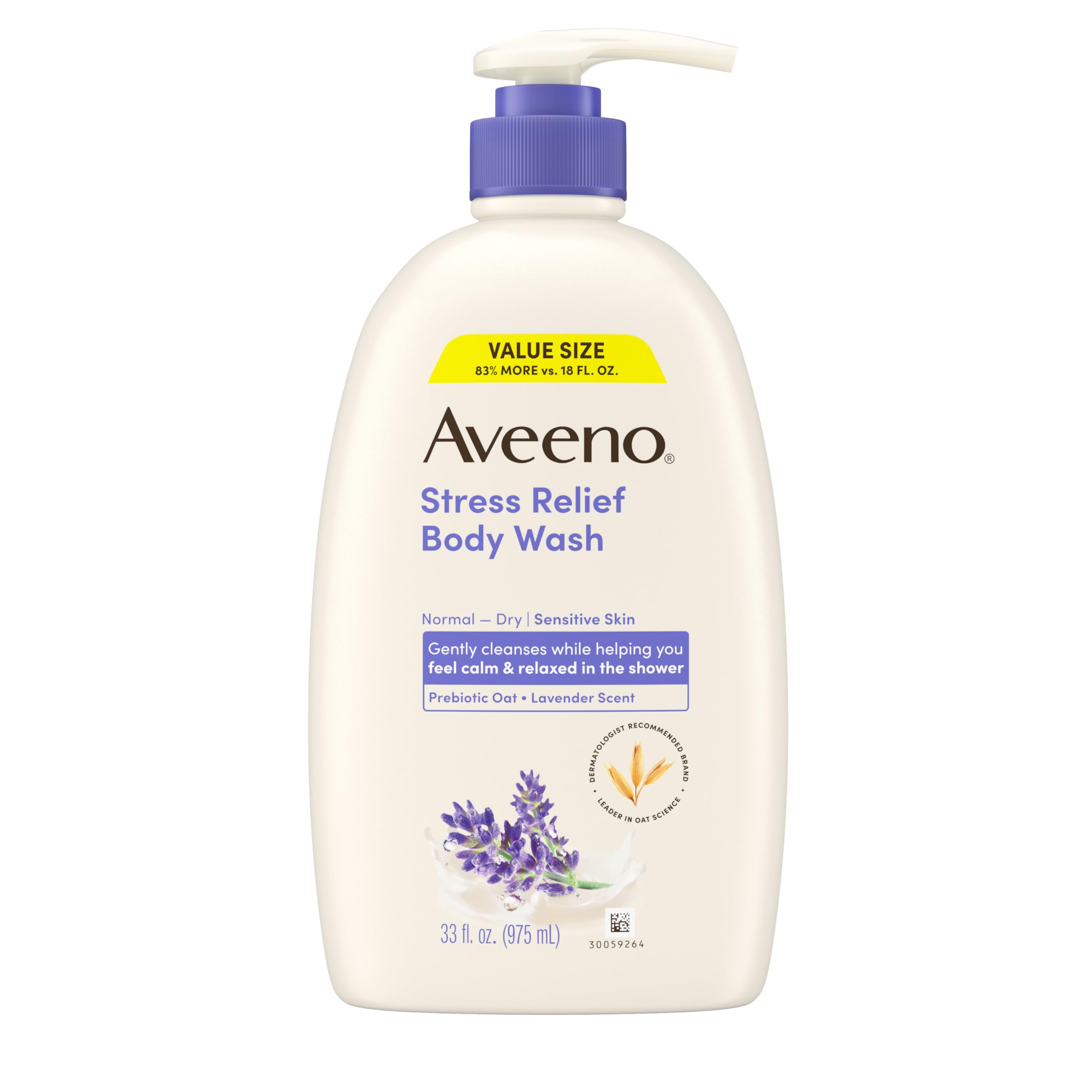 Aveeno Stress Relief Body Wash with lavender scent, nourishing prebiotic oat, for sensitive skin, 33 oz, soap-free and gentle.