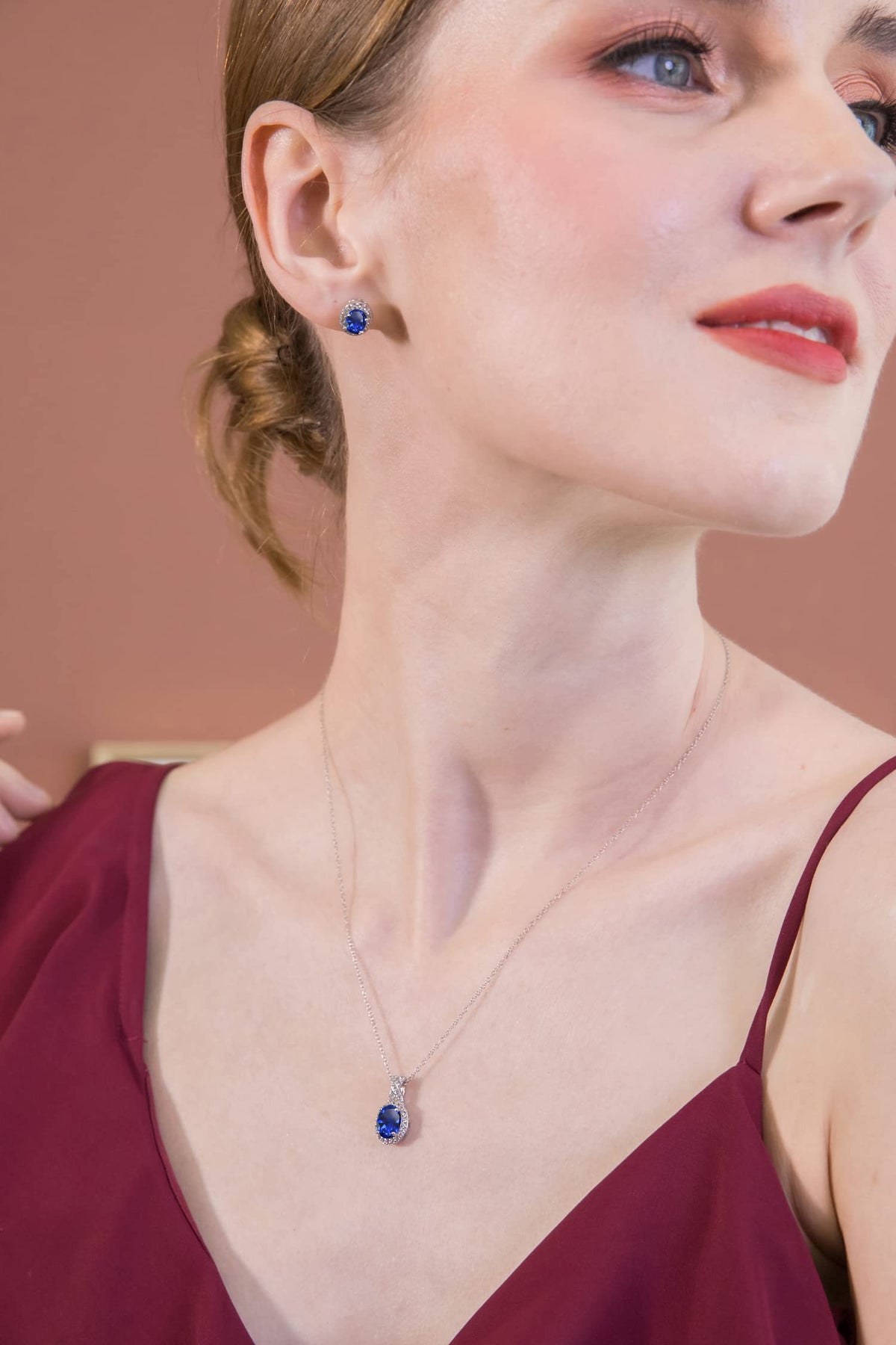 B. BRILLIANT Sterling Silver Genuine, Created or Simulated Gemstone Oval Halo X Necklace & Earrings Jewelry Set for Wome
