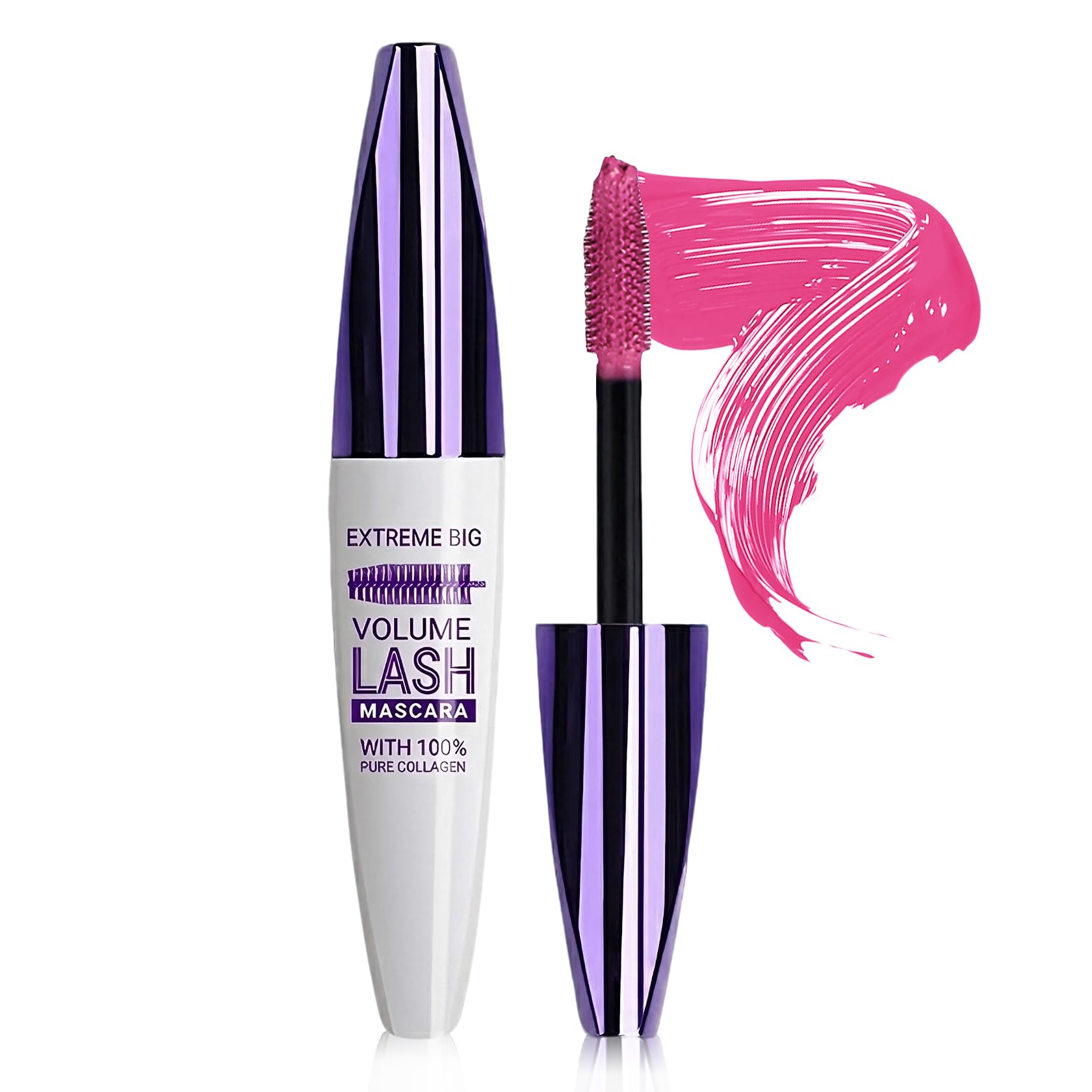Pink waterproof mascara by Rosawee with 5D volume and length for bold, dramatic eyelashes.
