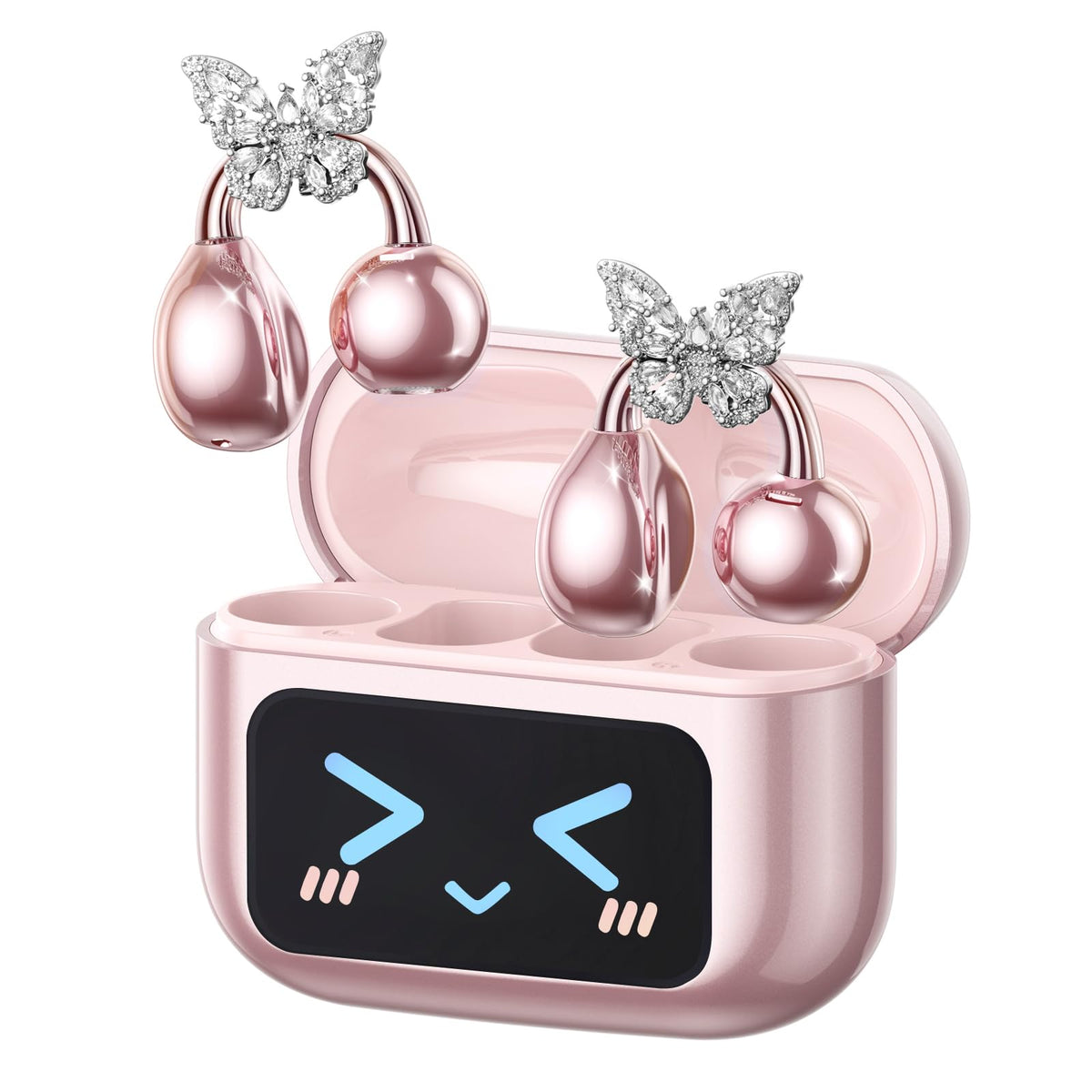 PAXA Stylish Open Ear Clip On Earbuds with Removable Butterfly Earring, Clip On Headphones with LCD Touch Screen, Fashio