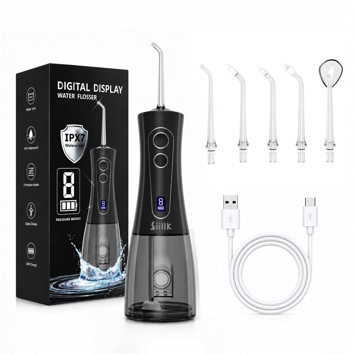 Water Dental Flosser Electric Water Flosser 5 Jet Tips Black - siillk Official Imagery - 1