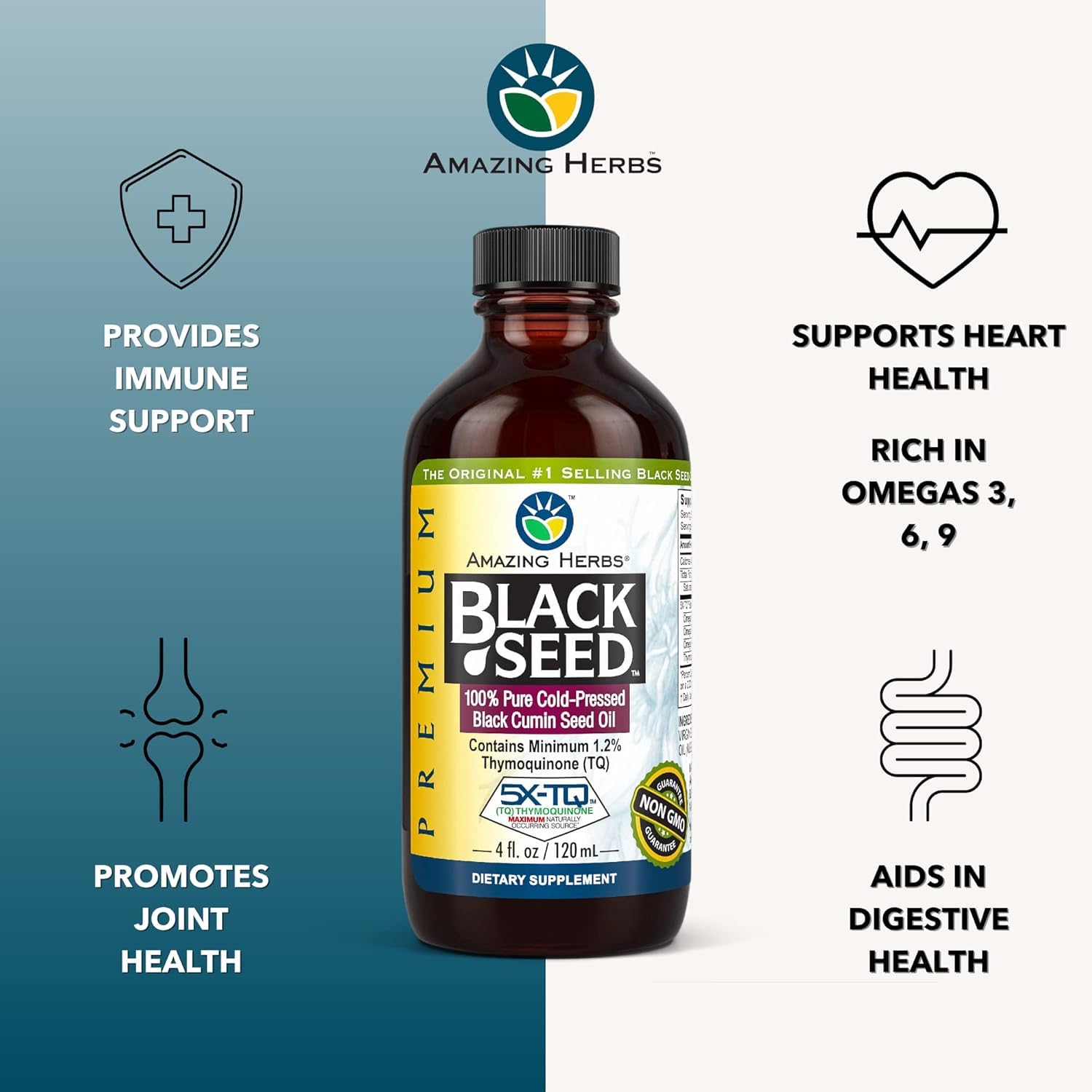 Amazing Herbs Premium Black Seed Oil Liquid - 4 Fl Oz Glass Bottle