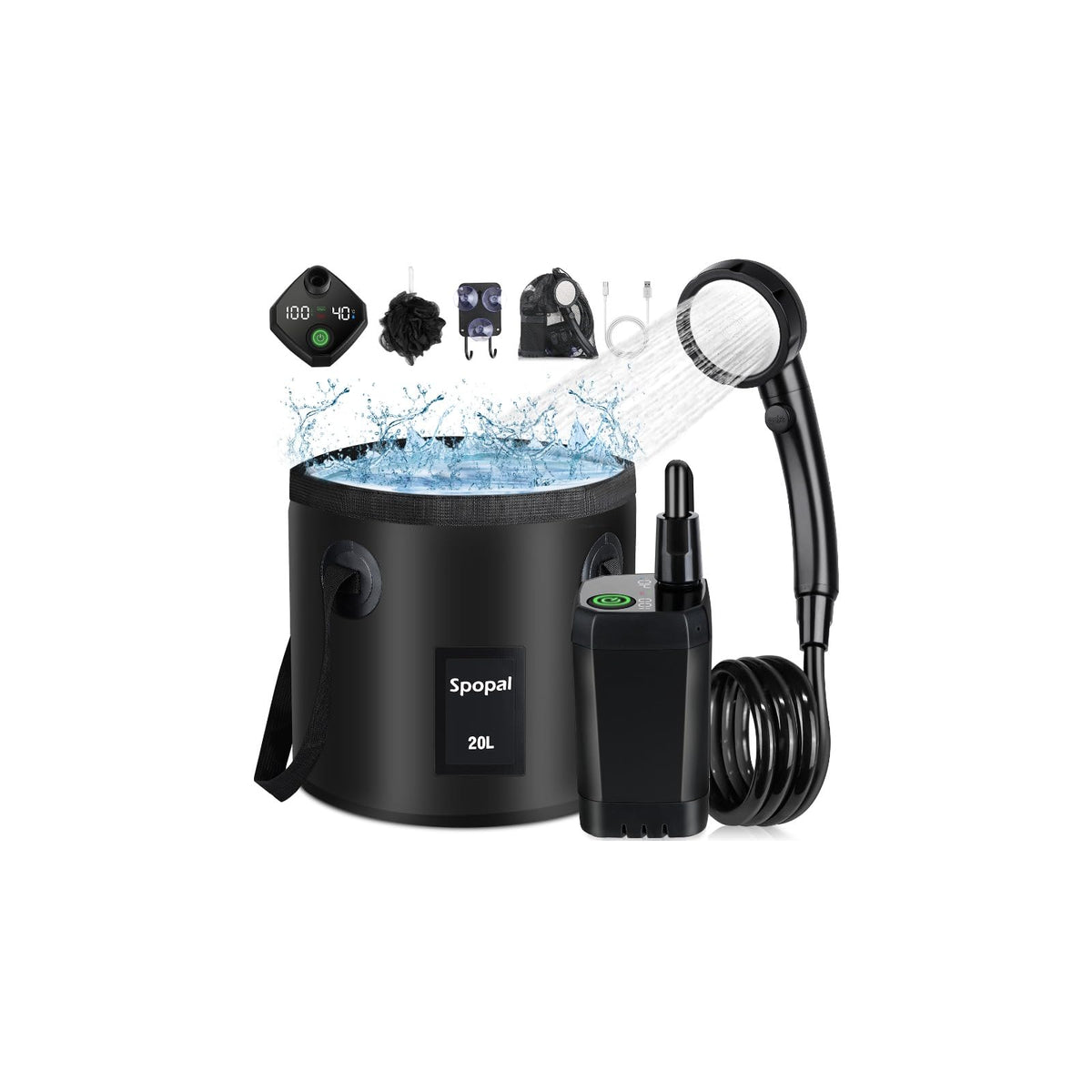 Rechargeable Camping Shower with Collapsible Bucket Handle - Spopal Official Imagery - 1