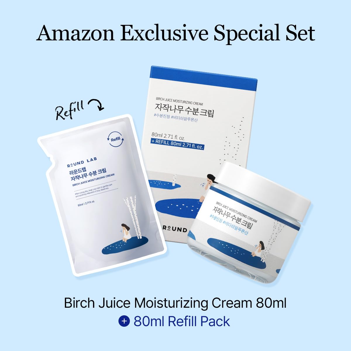 ROUND LAB Birch Juice Moisturizing Cream in 2.7 fl oz refill set, featuring a sleek jar with a white lid and fresh, natural branding.