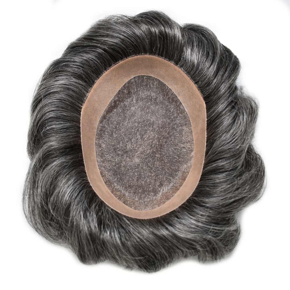 Curve Hair Mens Toupee Human Hair Piece Replacement System Monofilament Wig Hair Unit for Men Durable Poly Coated Mens Hairpiece (#1B50 Off Black+50% Gray, 7"X9")