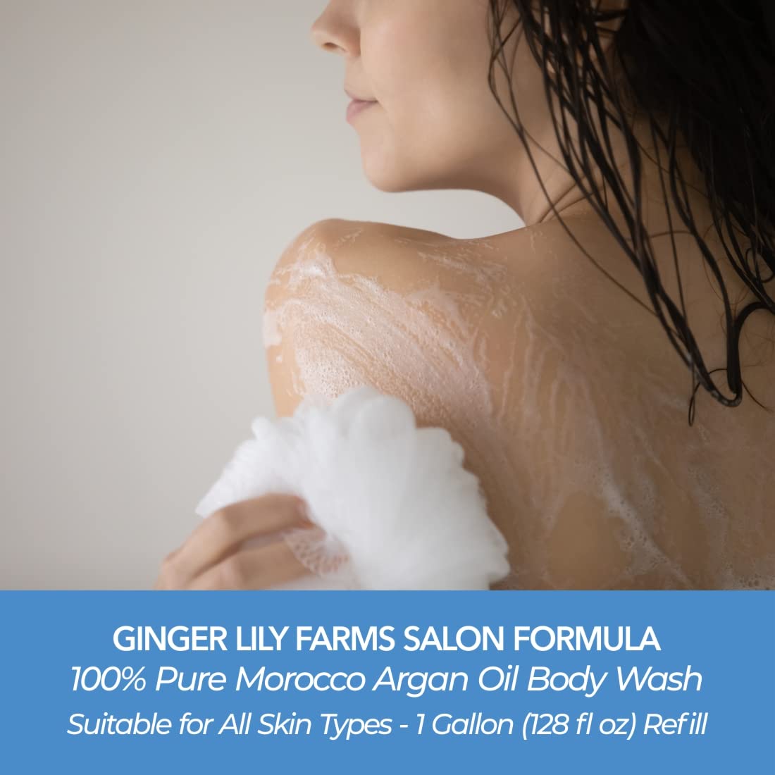 Ginger Lily Farms Argan Oil Body Wash gallon refill bottle, natural skin-cleaning agent with nourishing ingredients.