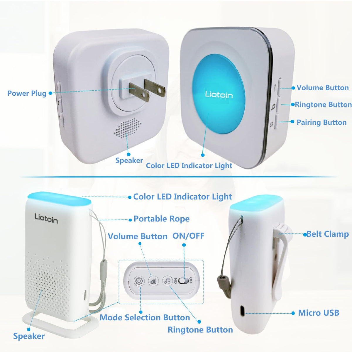 Wireless Caregiver Pager Call Button Alert Button Call Bell - liotoin Official Imagery - 4