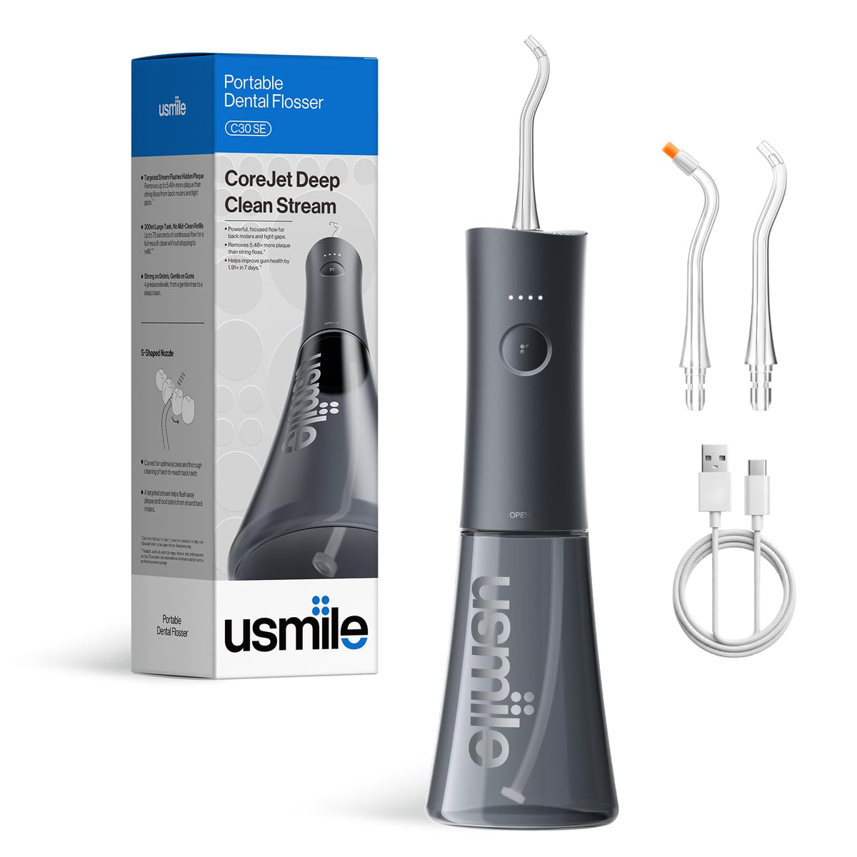usmile C30SE Water Flosser with Easy Pressure Modes for Daily Oral Care – Black, Acrylonitrile Butadiene Styrene