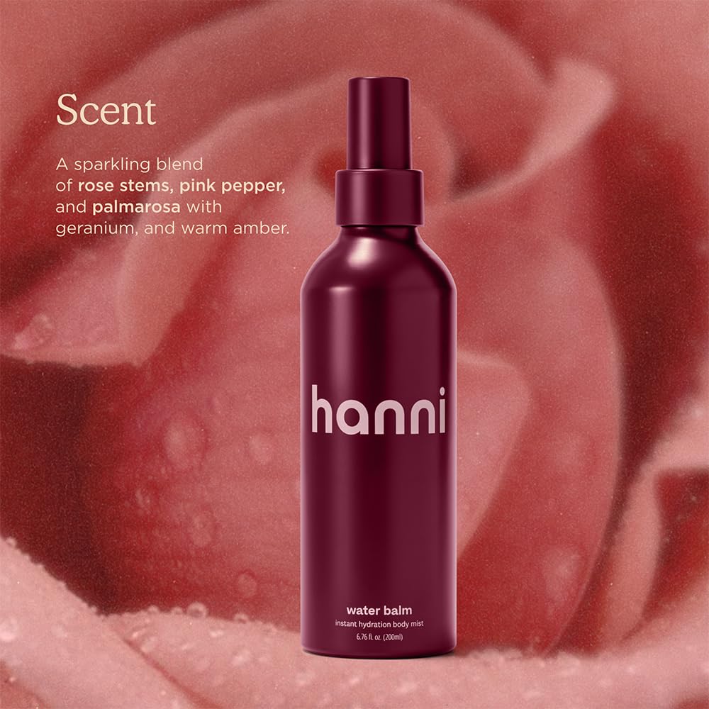 HANNI Water Balm Instant Hydration Body Mist, 200 mL / 6.76 fl oz – back view and specifications