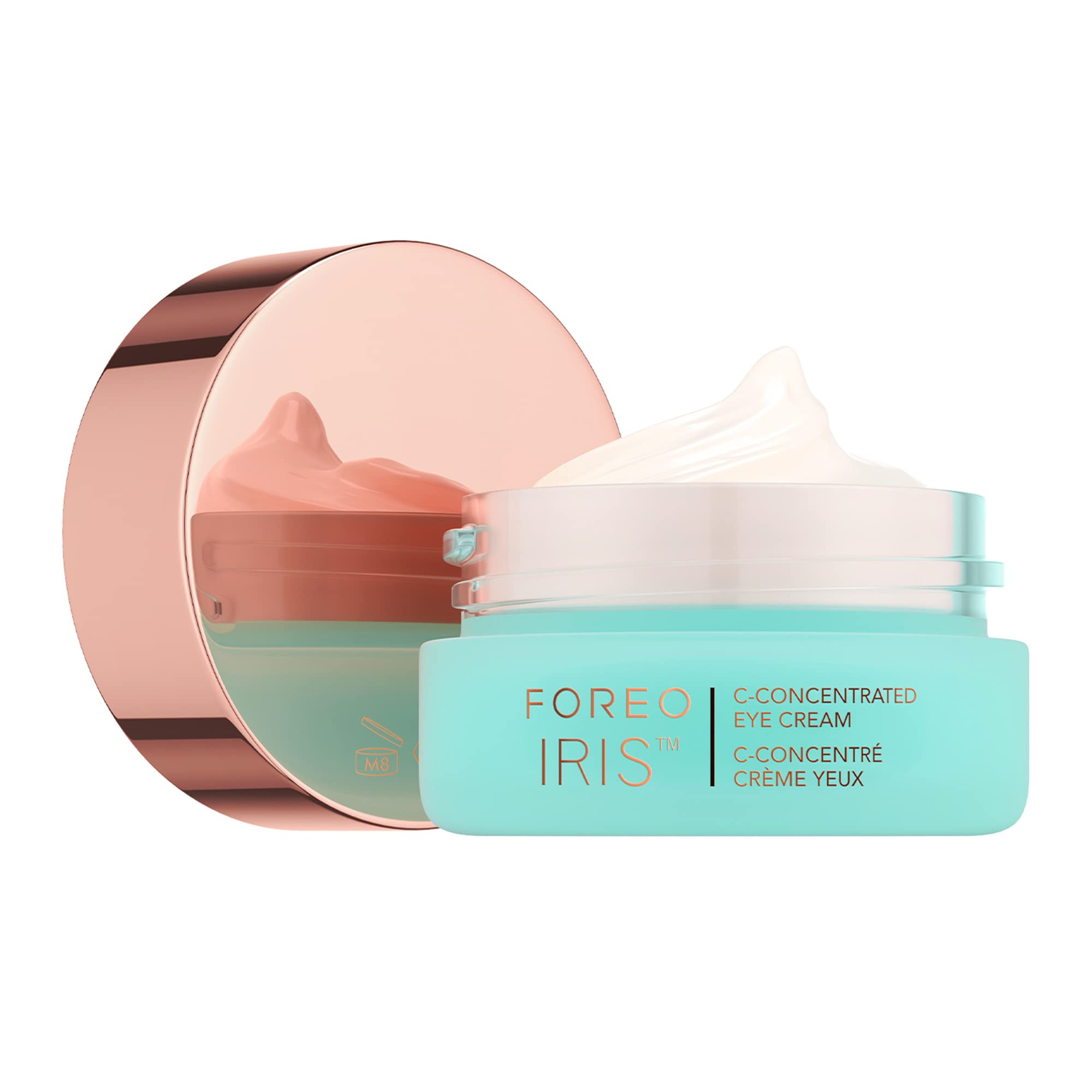 FOREO IRIS C Eye Cream in a 0.5 oz jar, brightening and anti-puffiness skin moisturizer for delicate under-eye area.