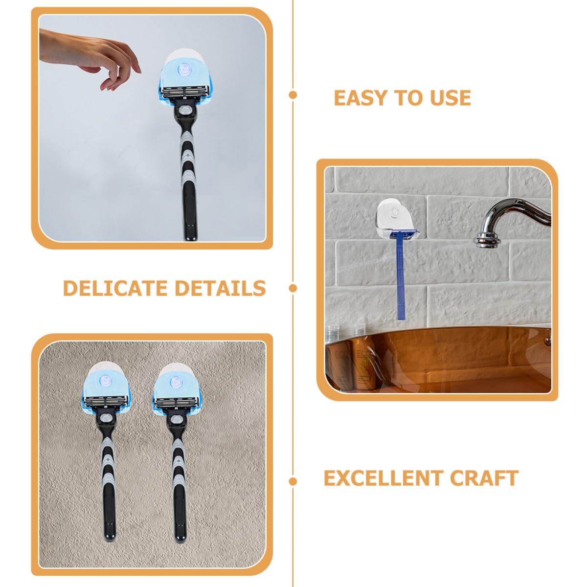 TEHAUX 10-piece razor holder stand with wall suction cups for bathroom, plastic razor storage and shaver organization in shower.
