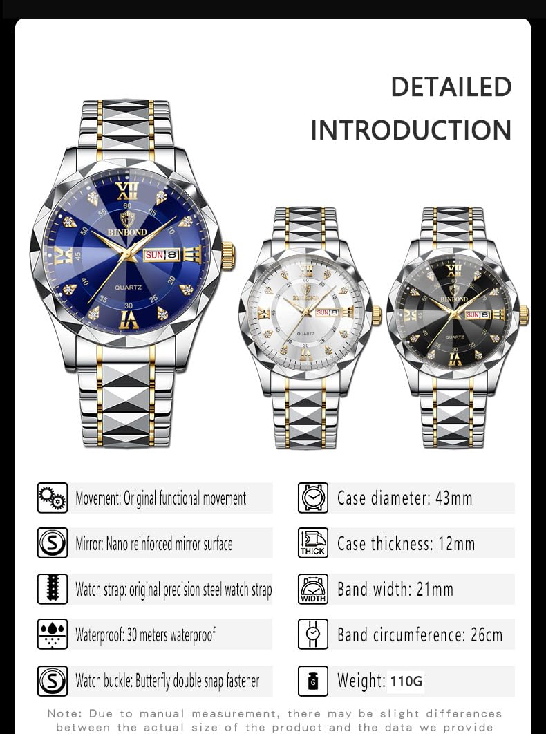 Gosasa Luxury Men's and Women's Business Diamond Stainless Steel Waterproof Roman Numeral Analog Quartz Watch with Day-D