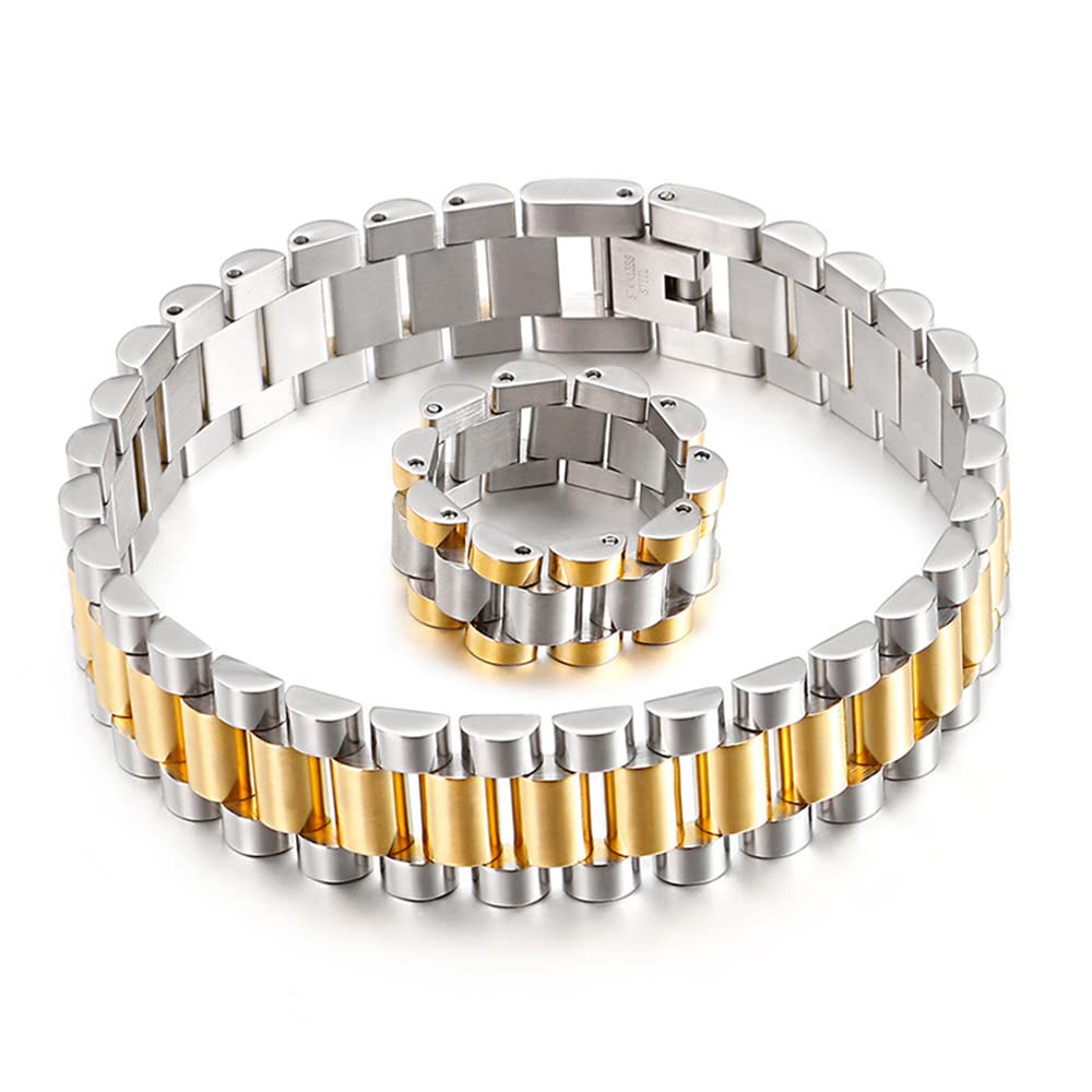 Qiaonitu 15mm Heavy Men Women Watchband Chain Bracelets Rings Set Hiphop 18K Gold Stainless Steel Watch Chain Strap Brac
