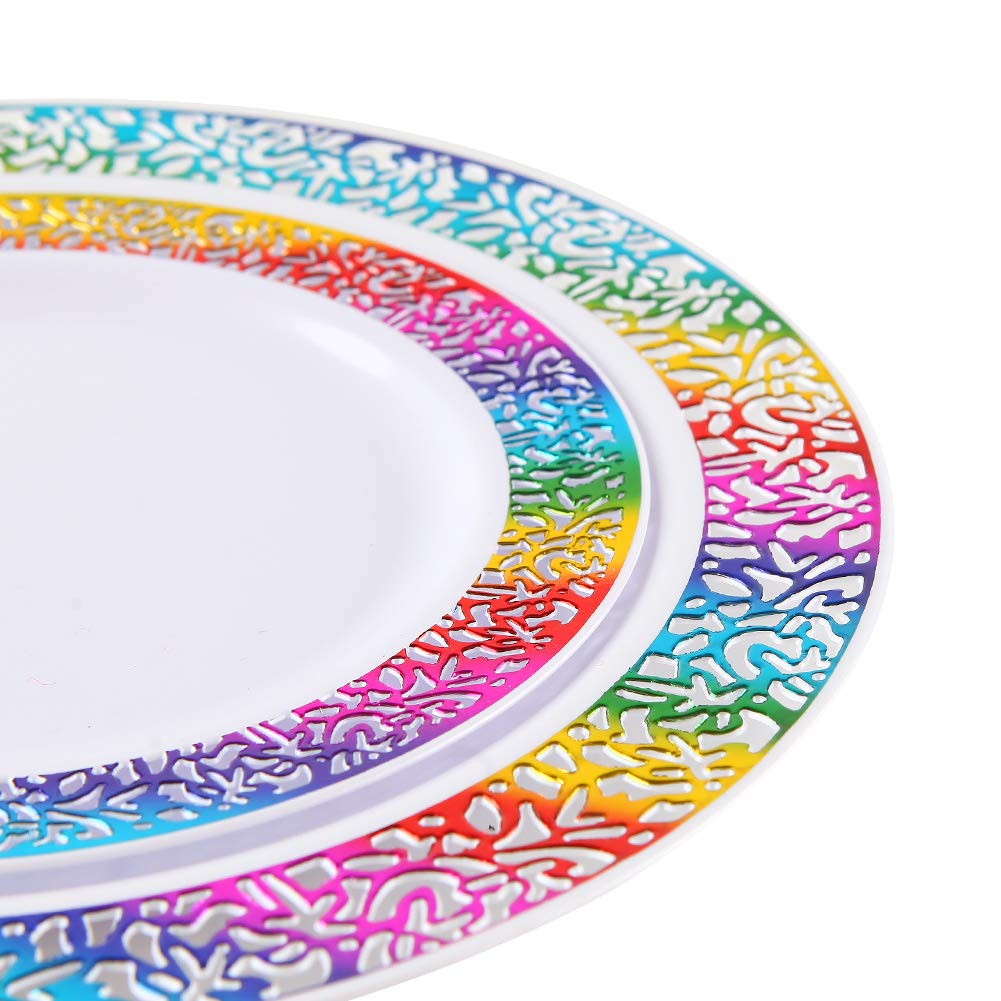 supernal Rainbow Plastic Plates | Disposable Party Dinnerware Set – close-up detail