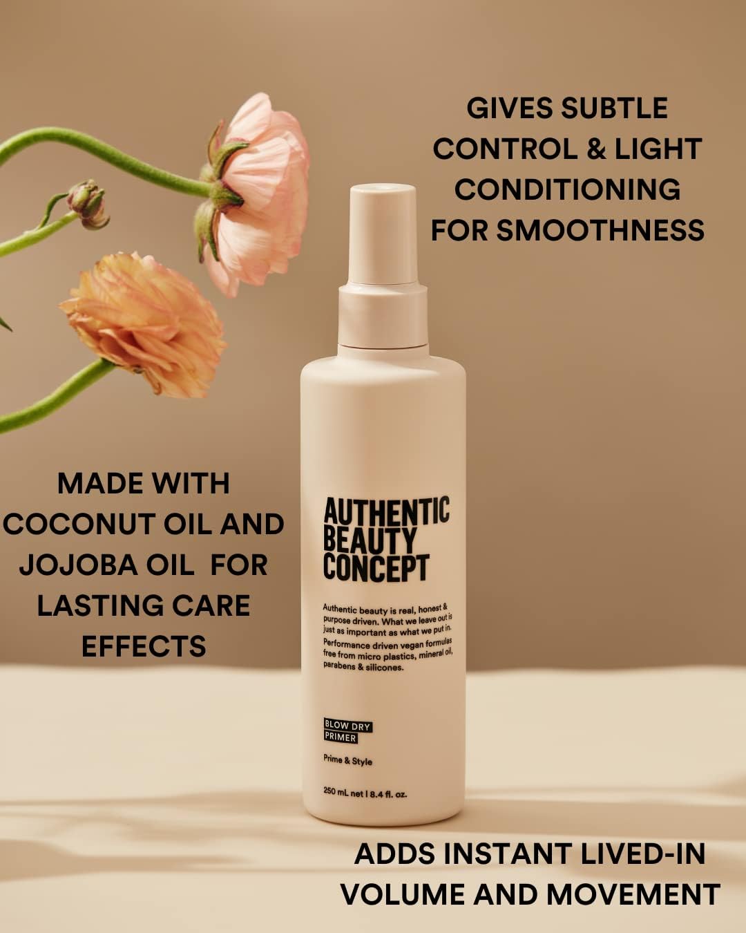 Authentic Beauty Concept Blow Dry Primer spray with heat protection, silicone-free, vegan, and cruelty-free for damaged hair.
