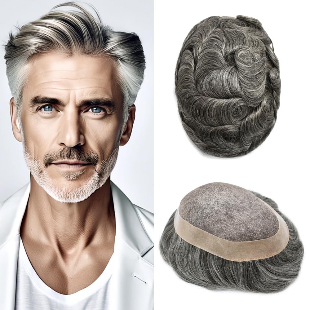 Curve Hair men's toupee with human hair, light-medium brown with gray, monofilament wig, 6x9 inches, durable poly coating.