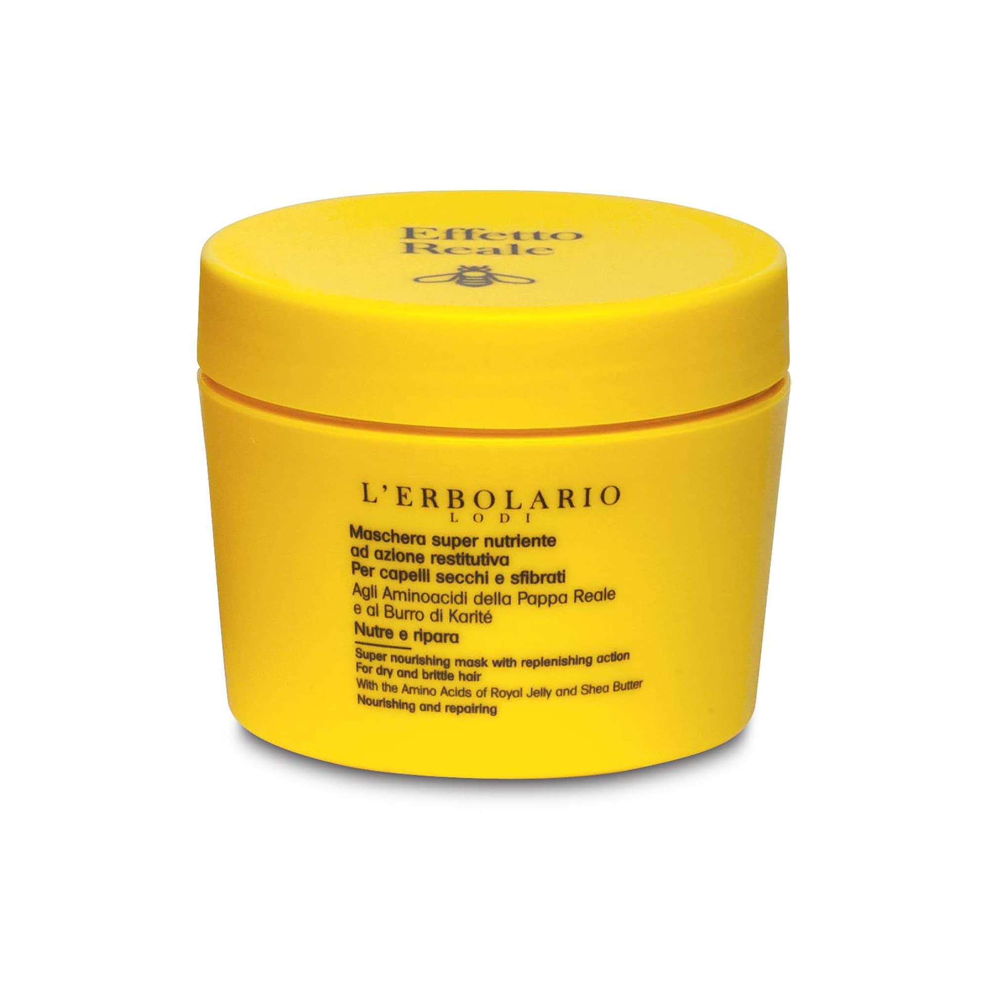 L'Erbolario Effetto Reale nourishing hair mask in a jar, showing creamy conditioner suited for dry, damaged hair with natural ingredients.