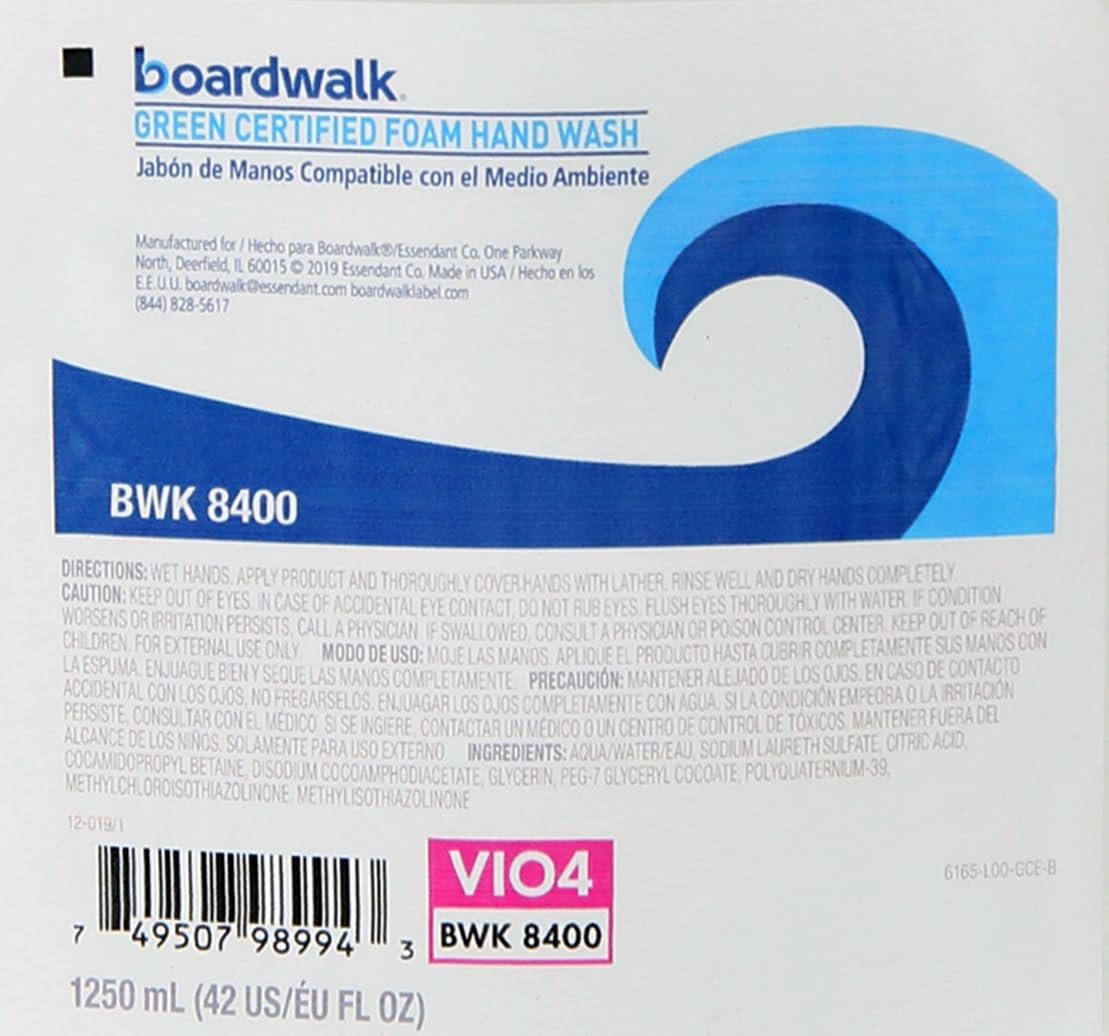 Boardwalk Green Certified Foam Soap refill case with four 1250mL bottles, fragrance-free skin cleaning agent.