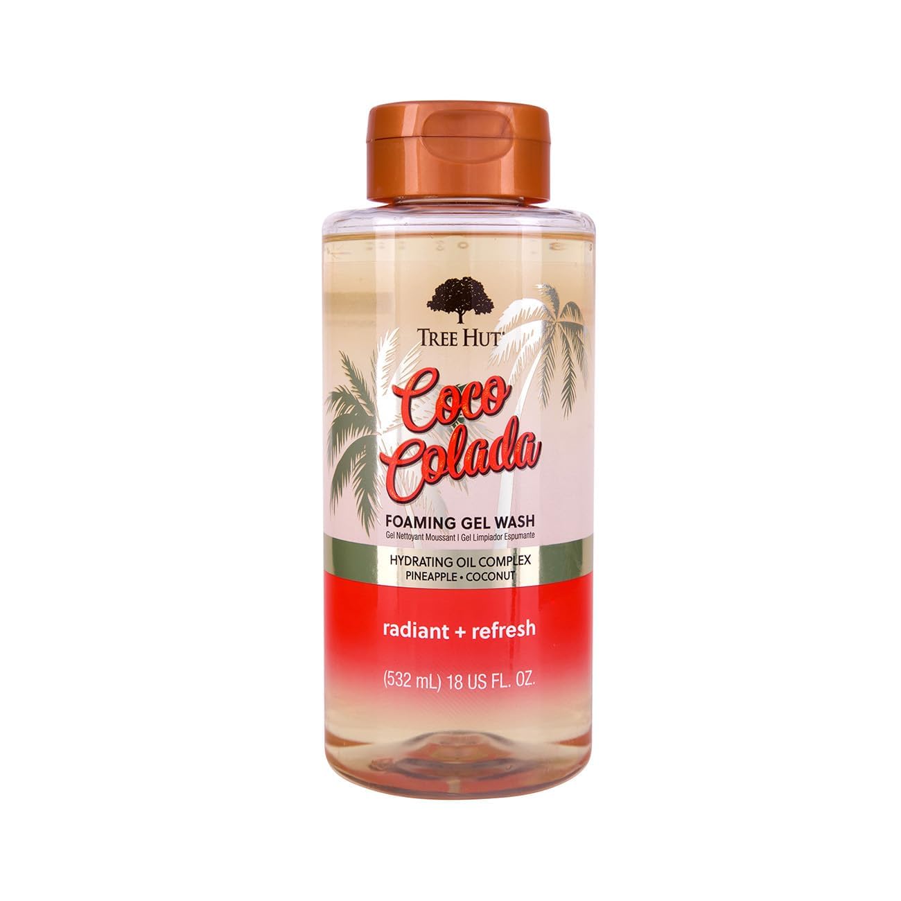 Tree Hut Coco Colada foaming body wash in a clear 18 fl oz bottle, featuring a tropical coconut and pineapple scent.
