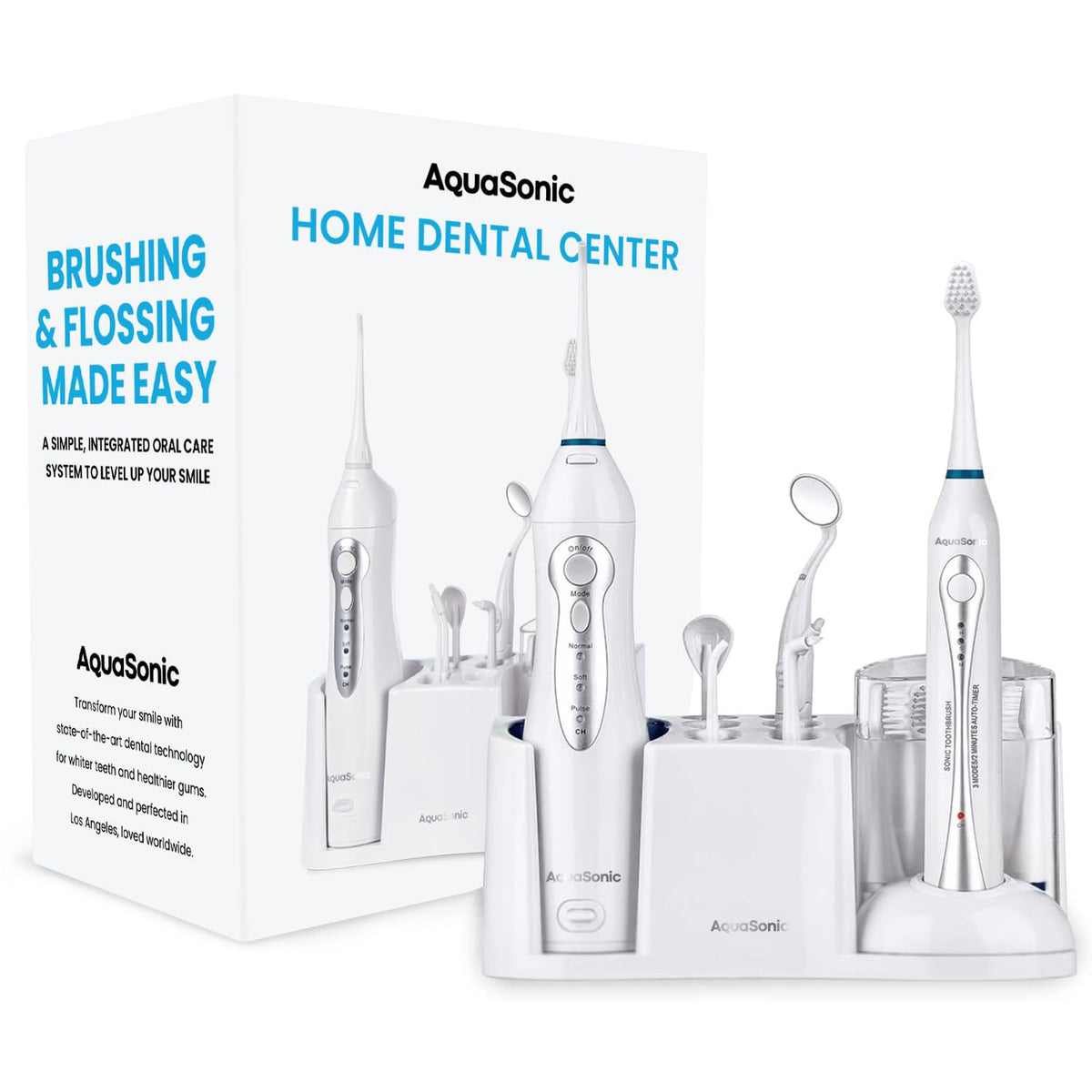 AquaSonic Home Dental Center Rechargeable Power Toothbrush & Smart Water Flosser - Complete Family Oral Care System - 10