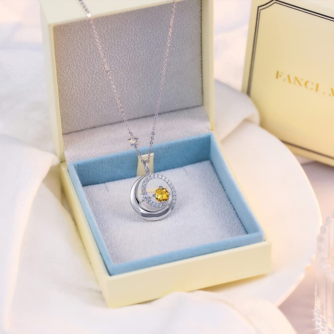 FANCIME Moon and Star Birthstone Necklace for Women – back view and specifications